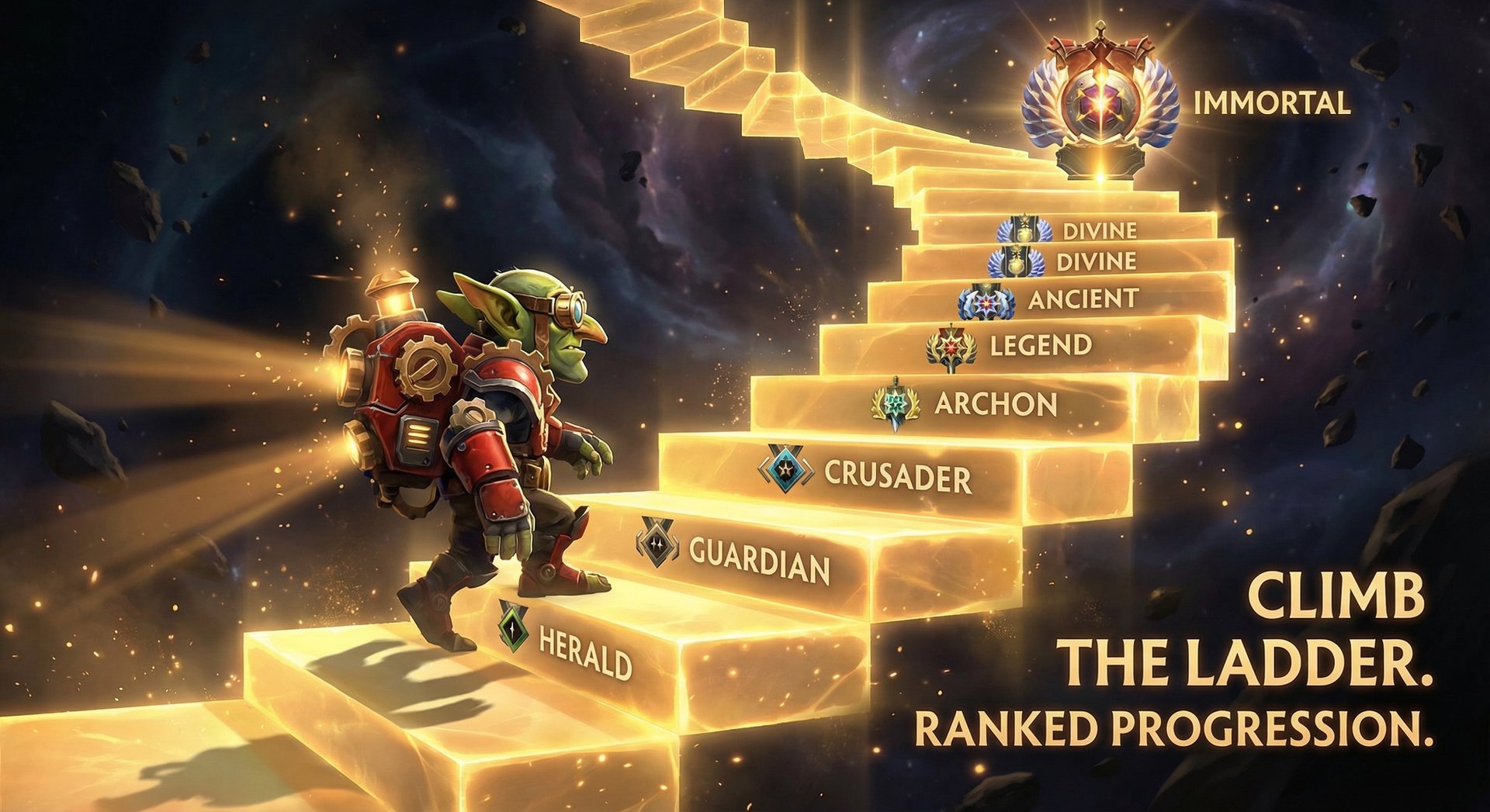 Tinker climbing golden staircase representing ranked progression from Herald to Immortal