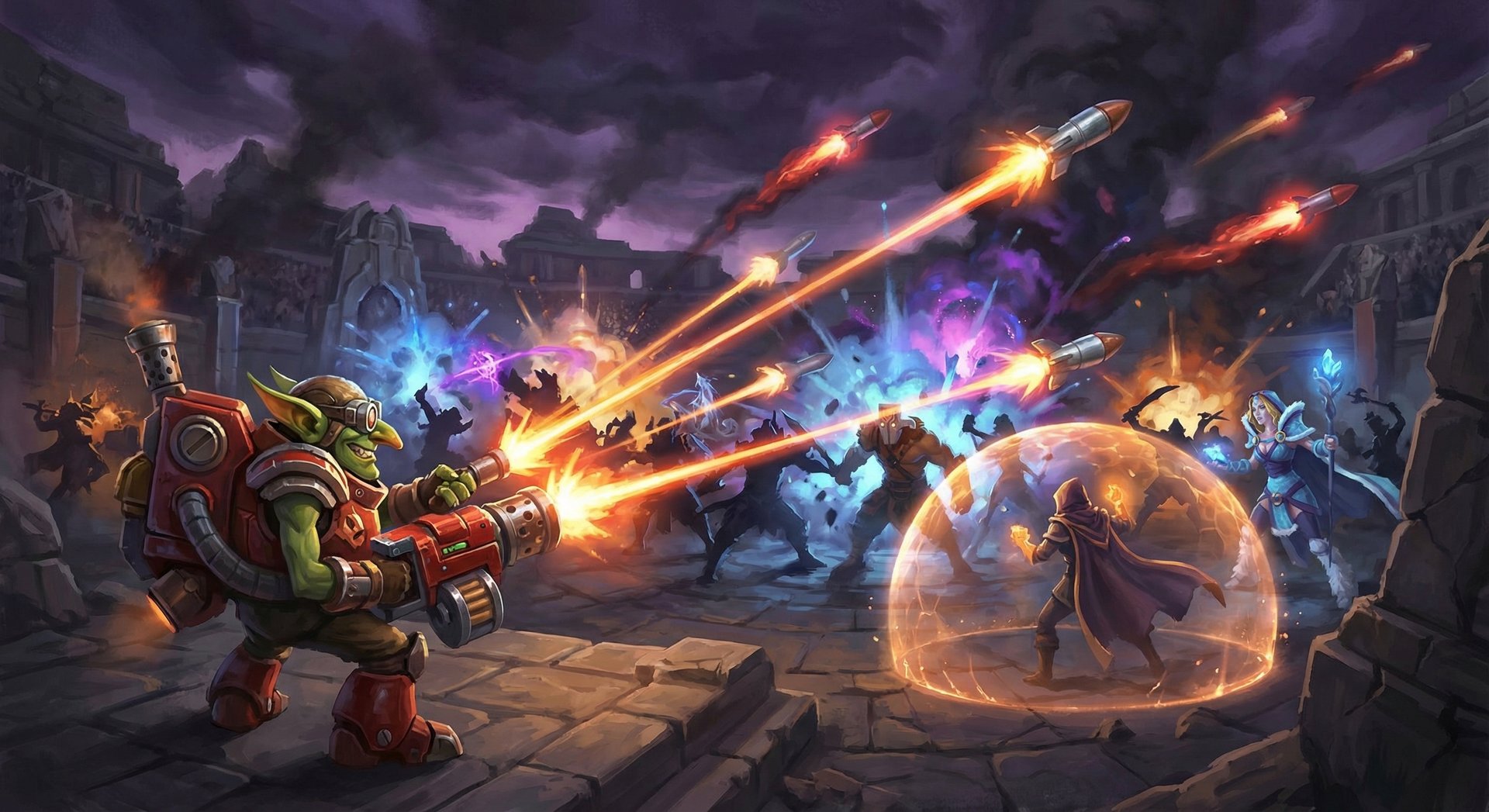 Tinker in massive team fight firing missiles and lasers with explosions