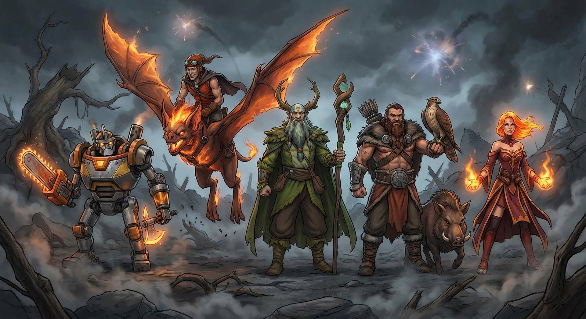 Five counter heroes against Treant Protector lined up on dark background