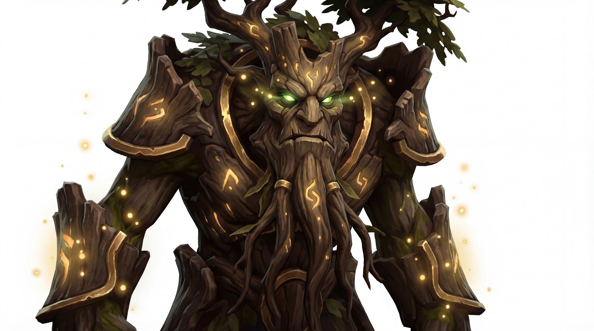 Treant Protector cinematic portrait with gold accents on dark background