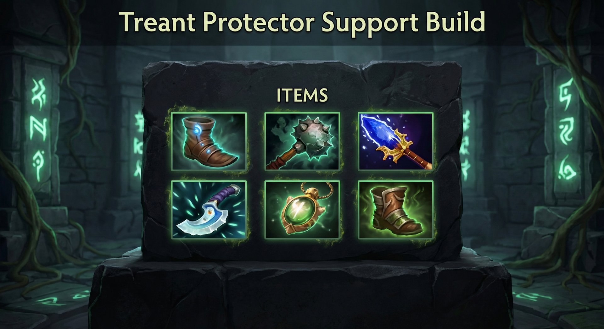 Treant Protector item build display with support items on dark background