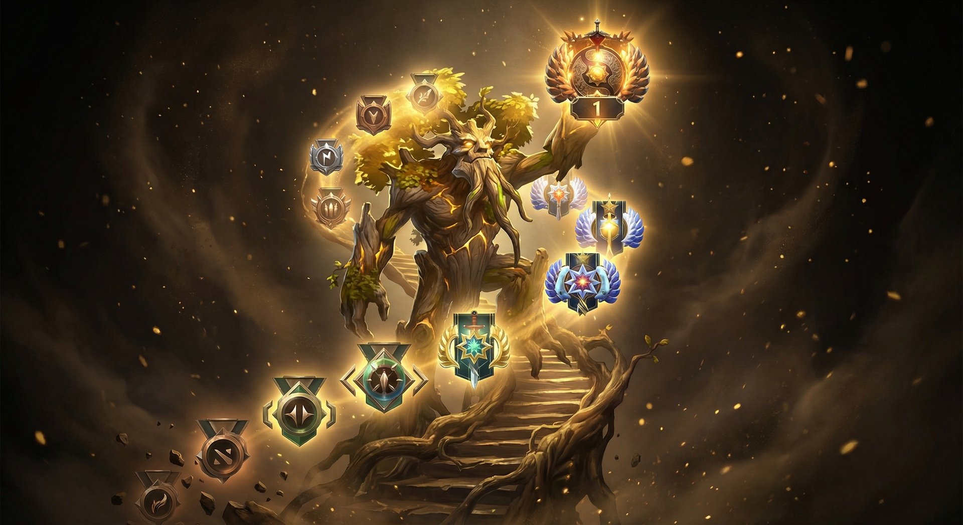 Treant Protector ascending through Dota 2 ranked tiers with gold accents
