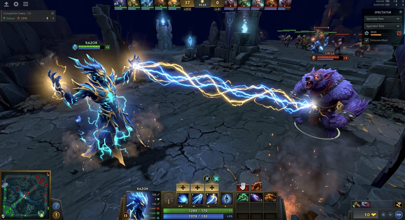 Razor channeling Static Link against an enemy carry, electric blue and gold energy arcs on a dark background, competitive Dot