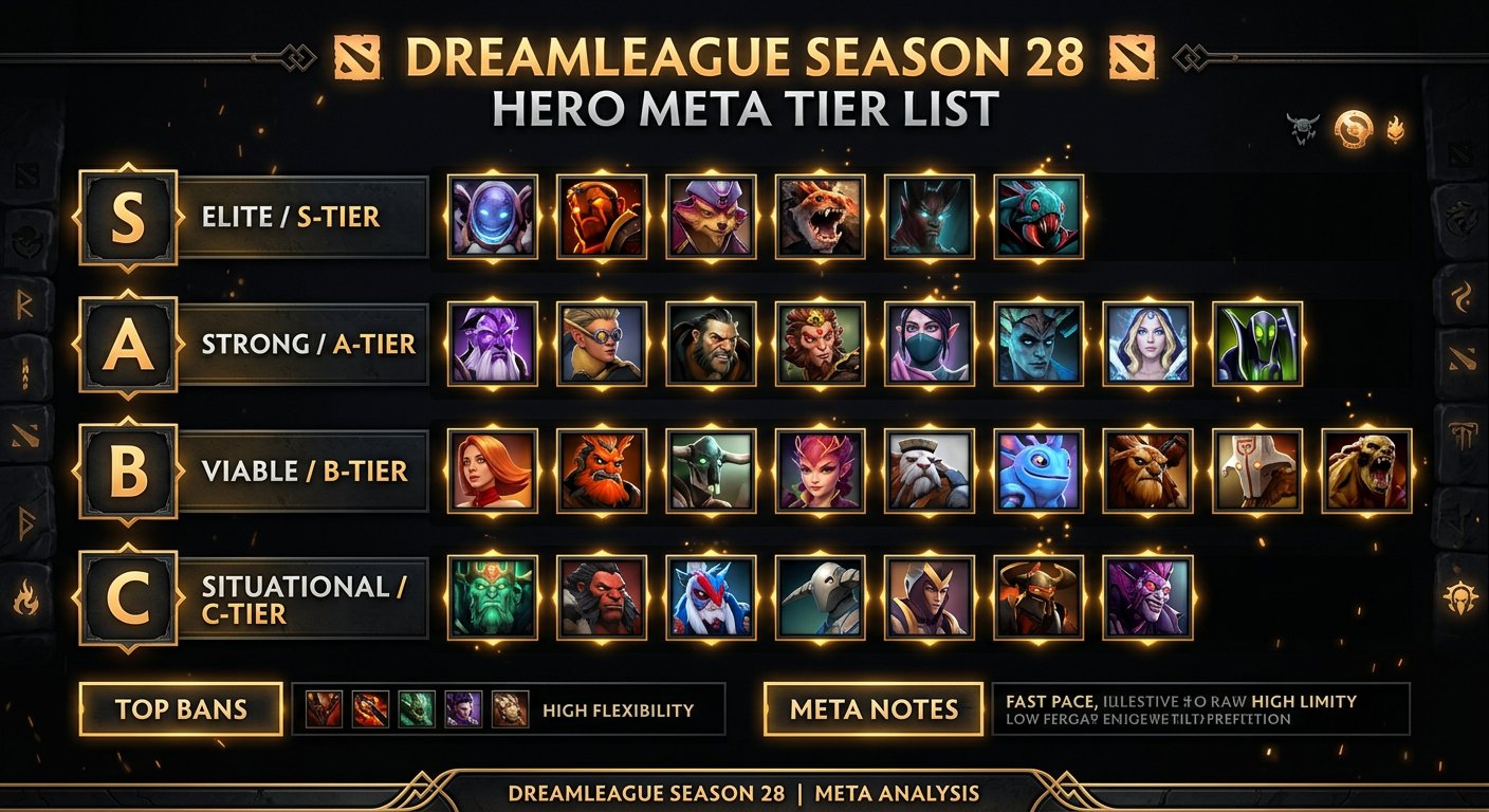 A tier list infographic showing S, A, B, C tier heroes from DreamLeague Season 28 meta. Dark background with gold borders aro