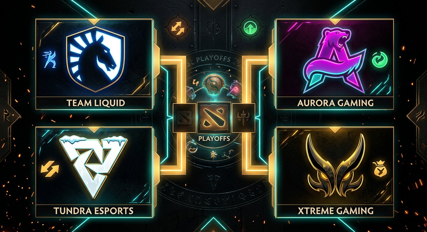 A dramatic split-screen showing the four playoff team logos -- Team Liquid, Tundra Esports, Aurora Gaming, and Xtreme Gaming 
