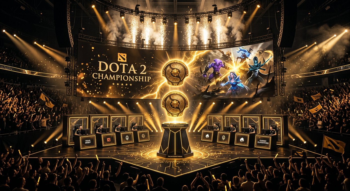 A Dota 2 tournament stage with golden trophy on a dark pedestal, spotlights and particle effects. Dark gaming aesthetic with 