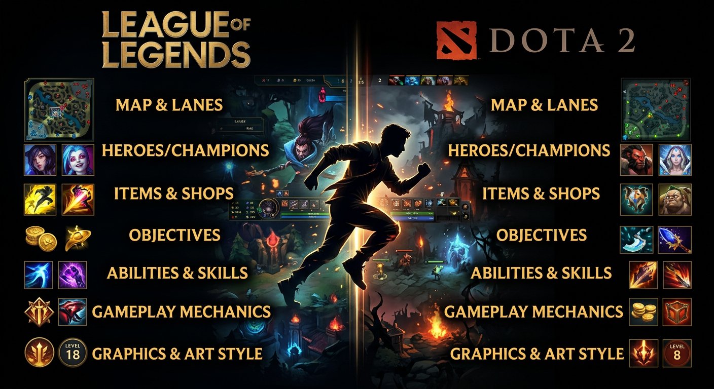 A split-screen comparison graphic showing League of Legends on one side and Dota 2 on the other, with a silhouetted player fi