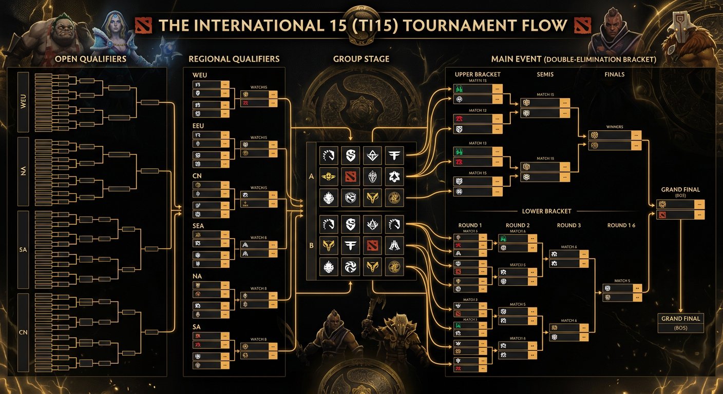 A stylized bracket graphic showing the TI15 tournament flow from Open Qualifiers through Regional Qualifiers to Group Stage t