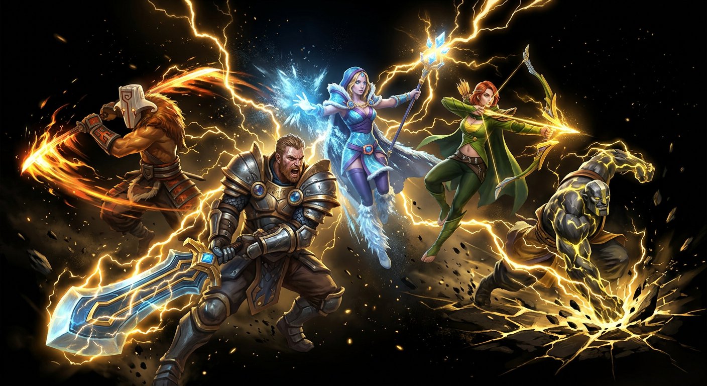 Dota 2 heroes in battle formation with gold lightning