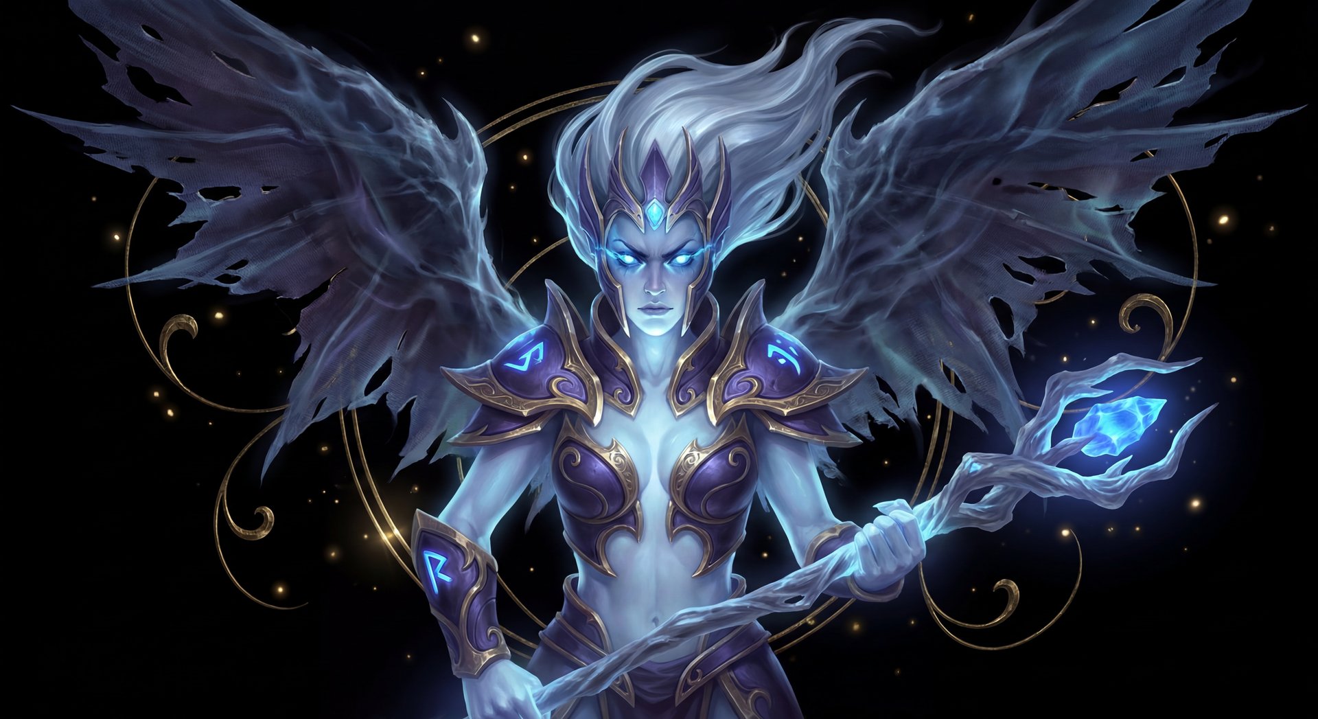 Vengeful Spirit cinematic portrait with gold accents on black background