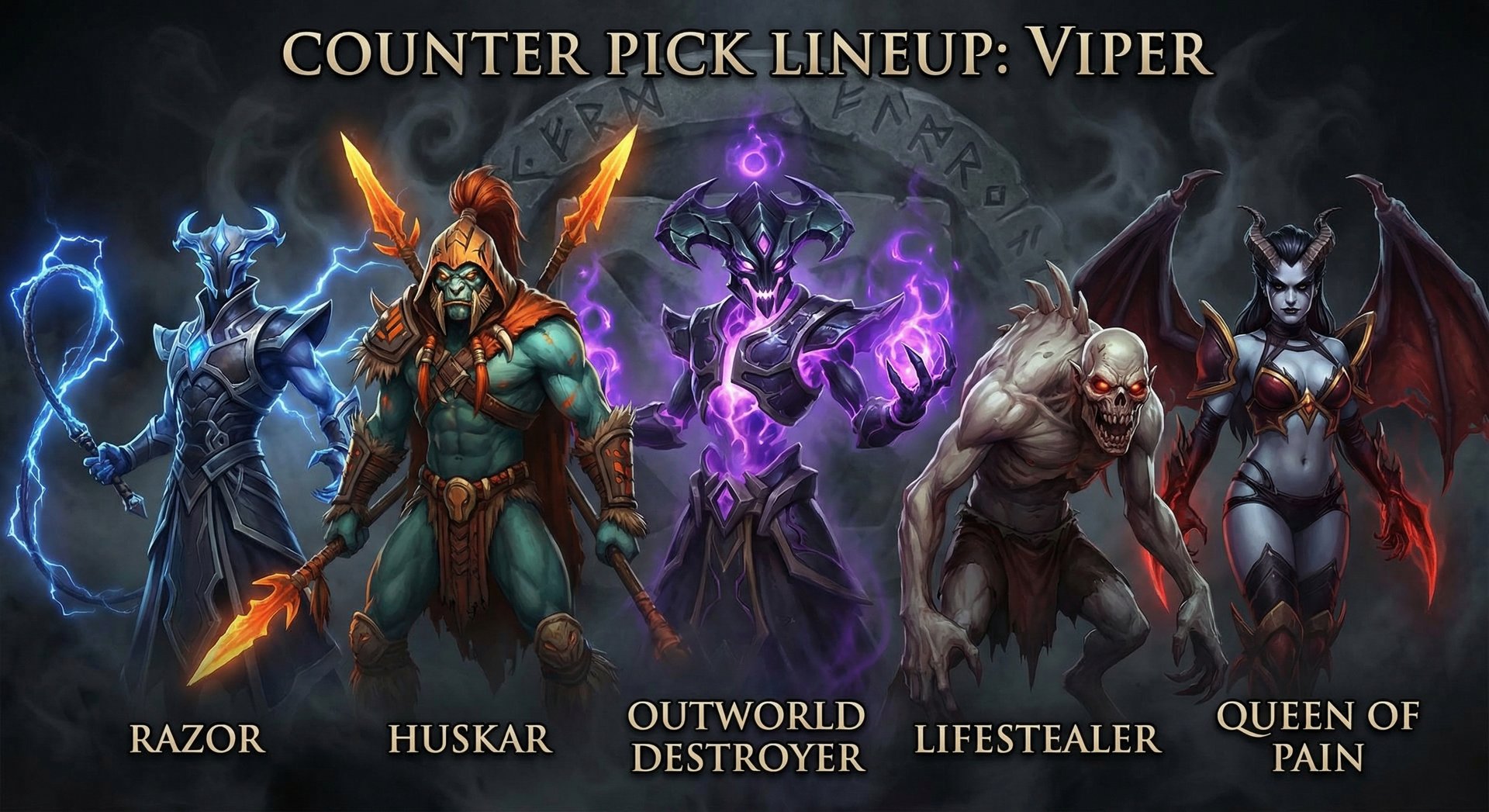 Five Dota 2 heroes that counter Viper lined up on dark background