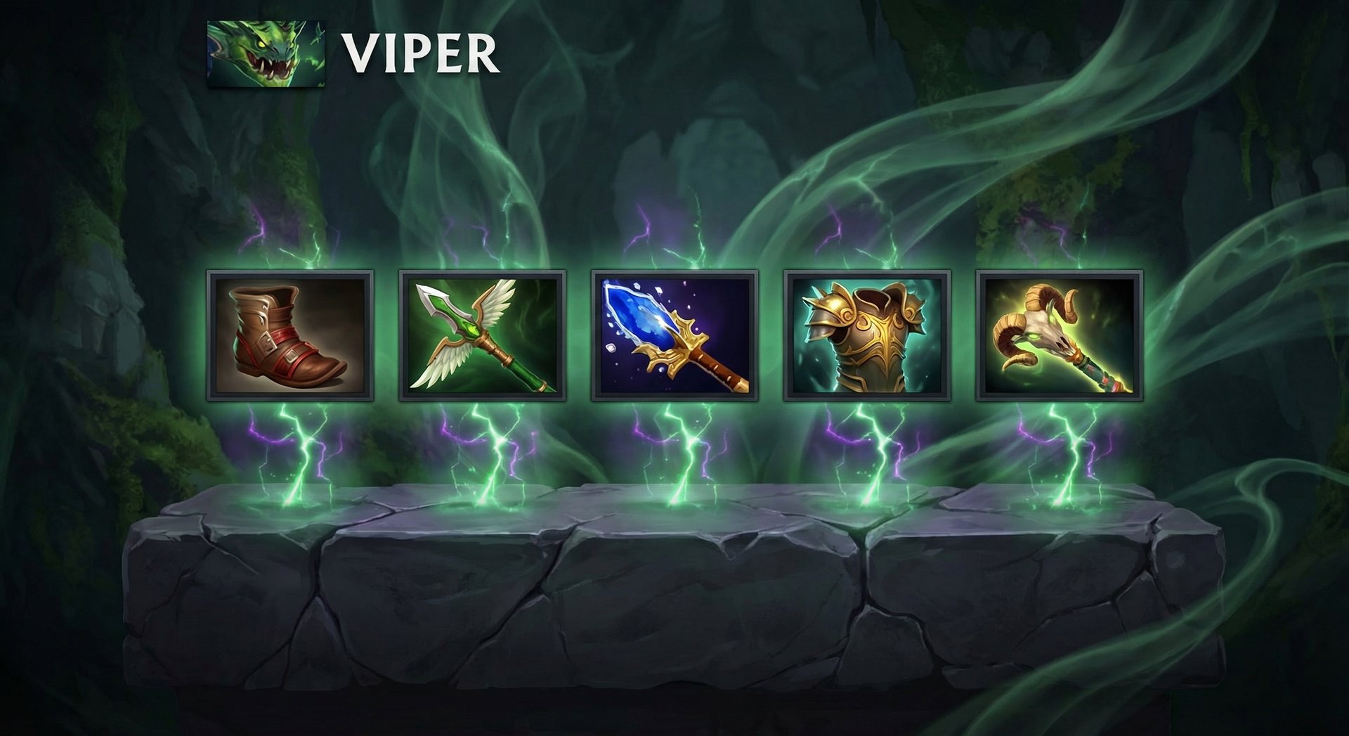 Viper item build progression with core items on dark background