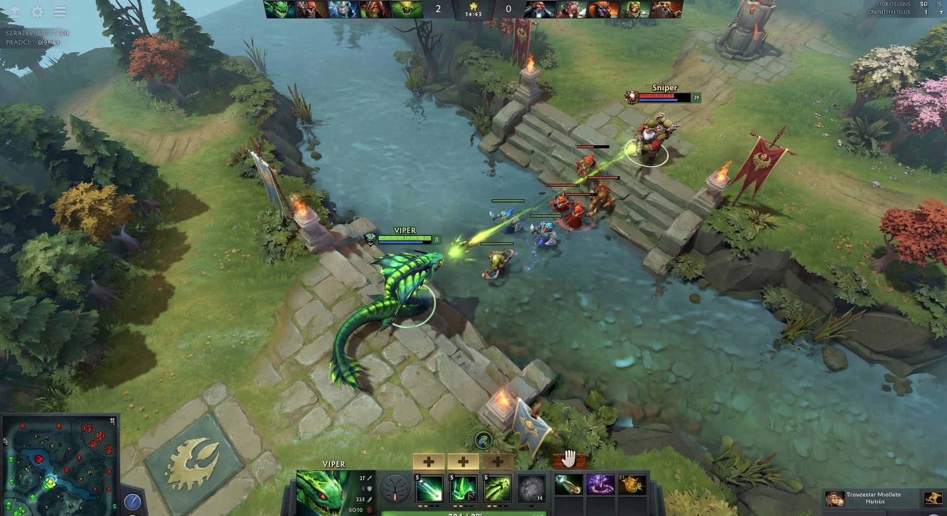 Viper dominating the mid lane harassing enemy hero near creep wave