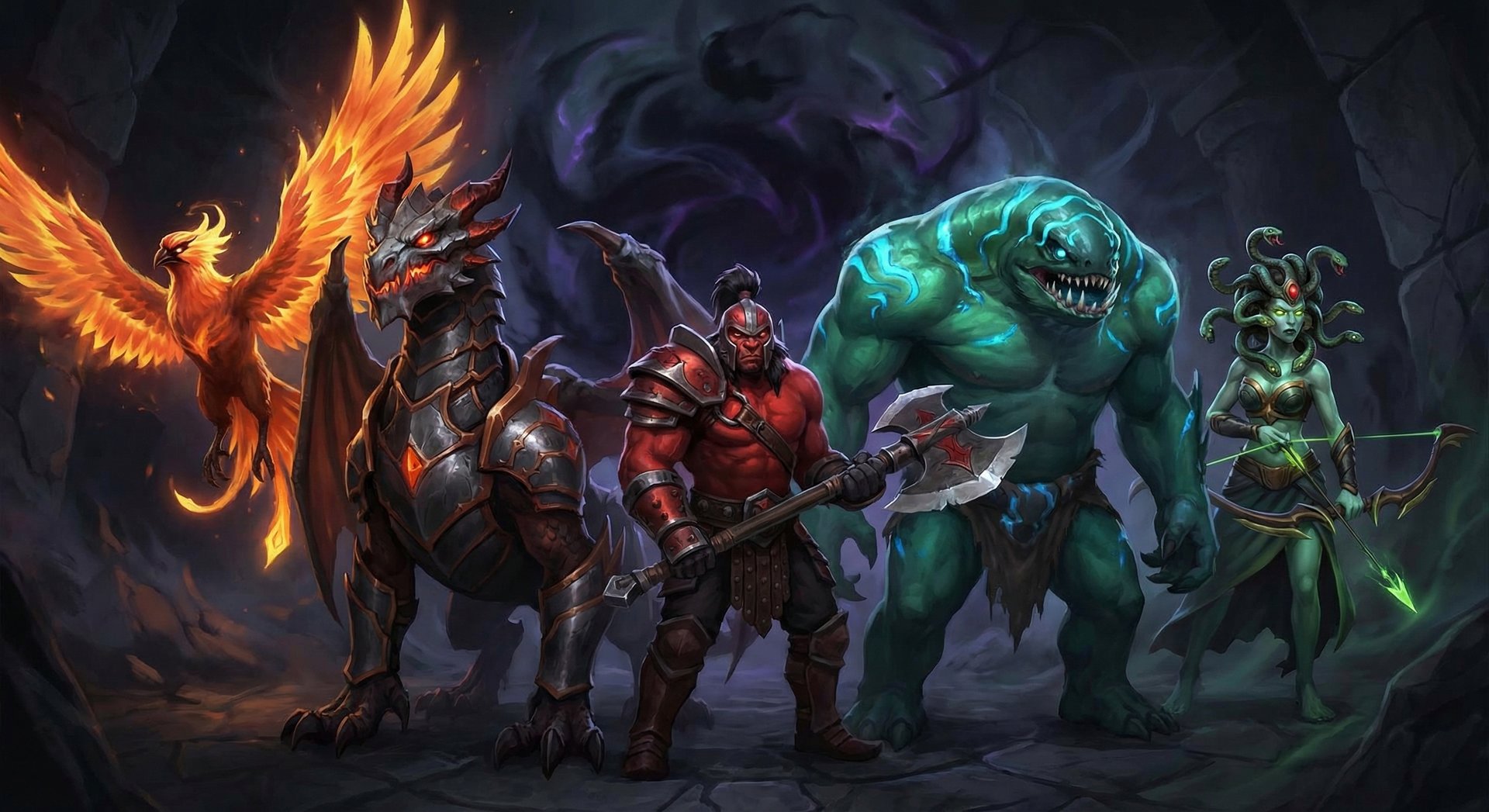 Five heroes that counter Visage lined up against dark background