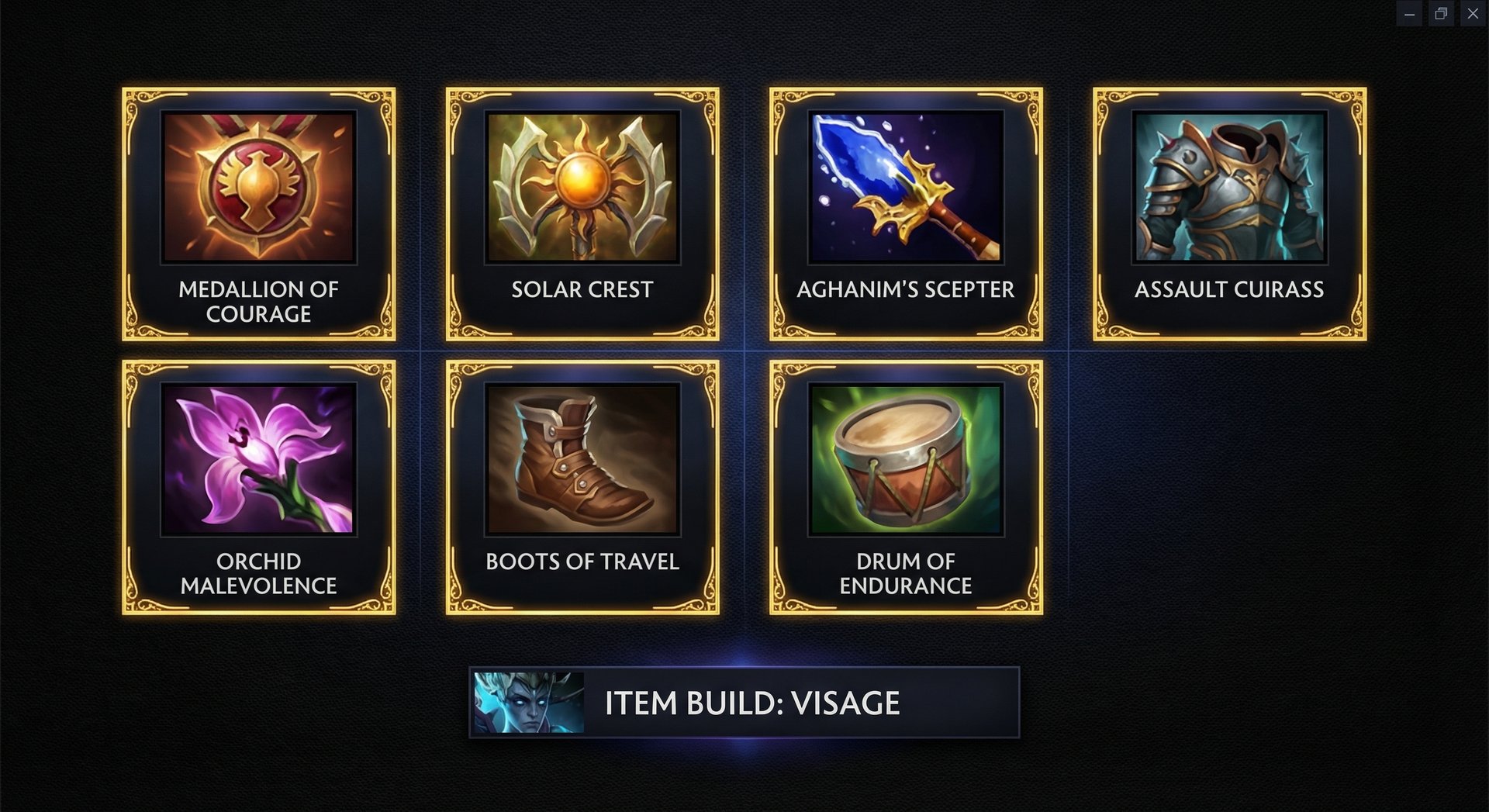 Visage item build progression showing core items on dark background