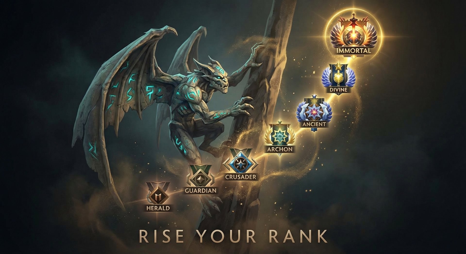 Visage ascending through Dota 2 rank tiers from Herald to Immortal