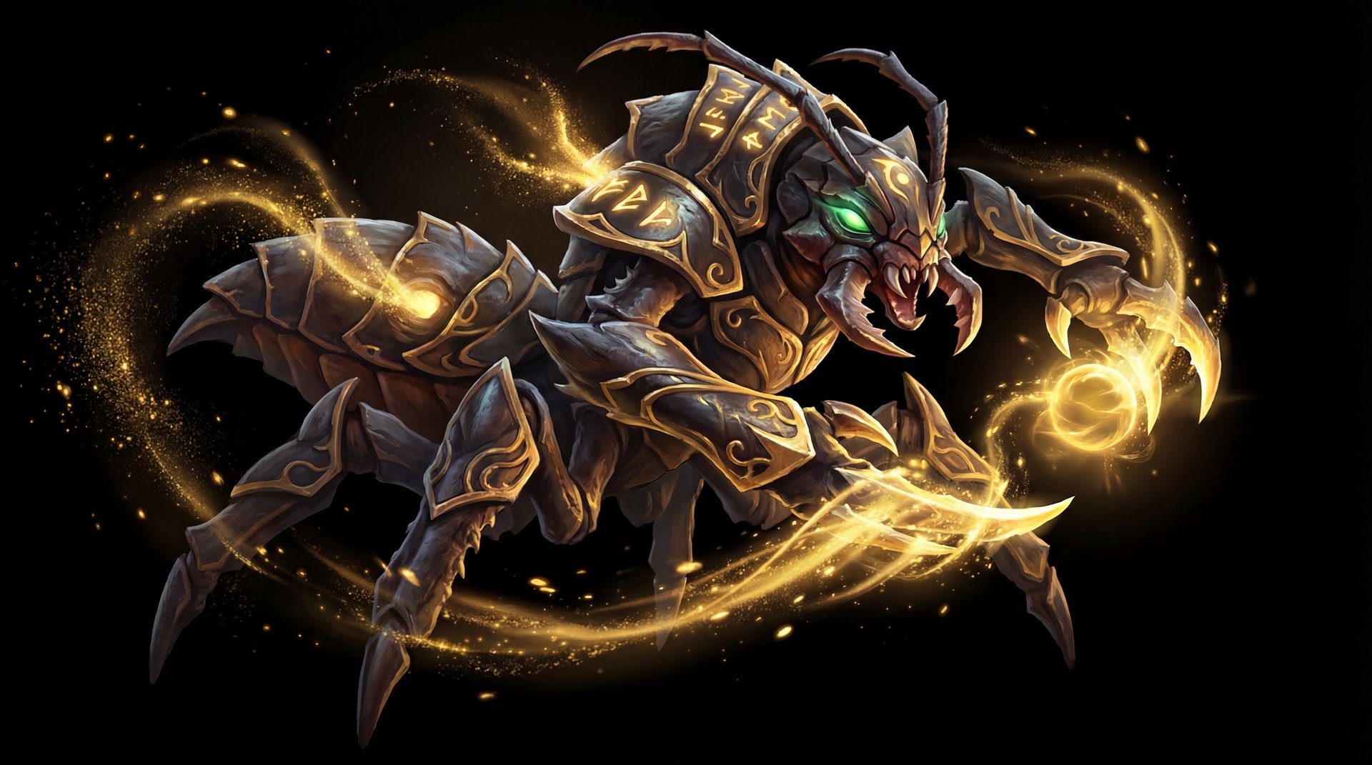 Weaver Dota 2 hero cinematic portrait with gold accents on black background