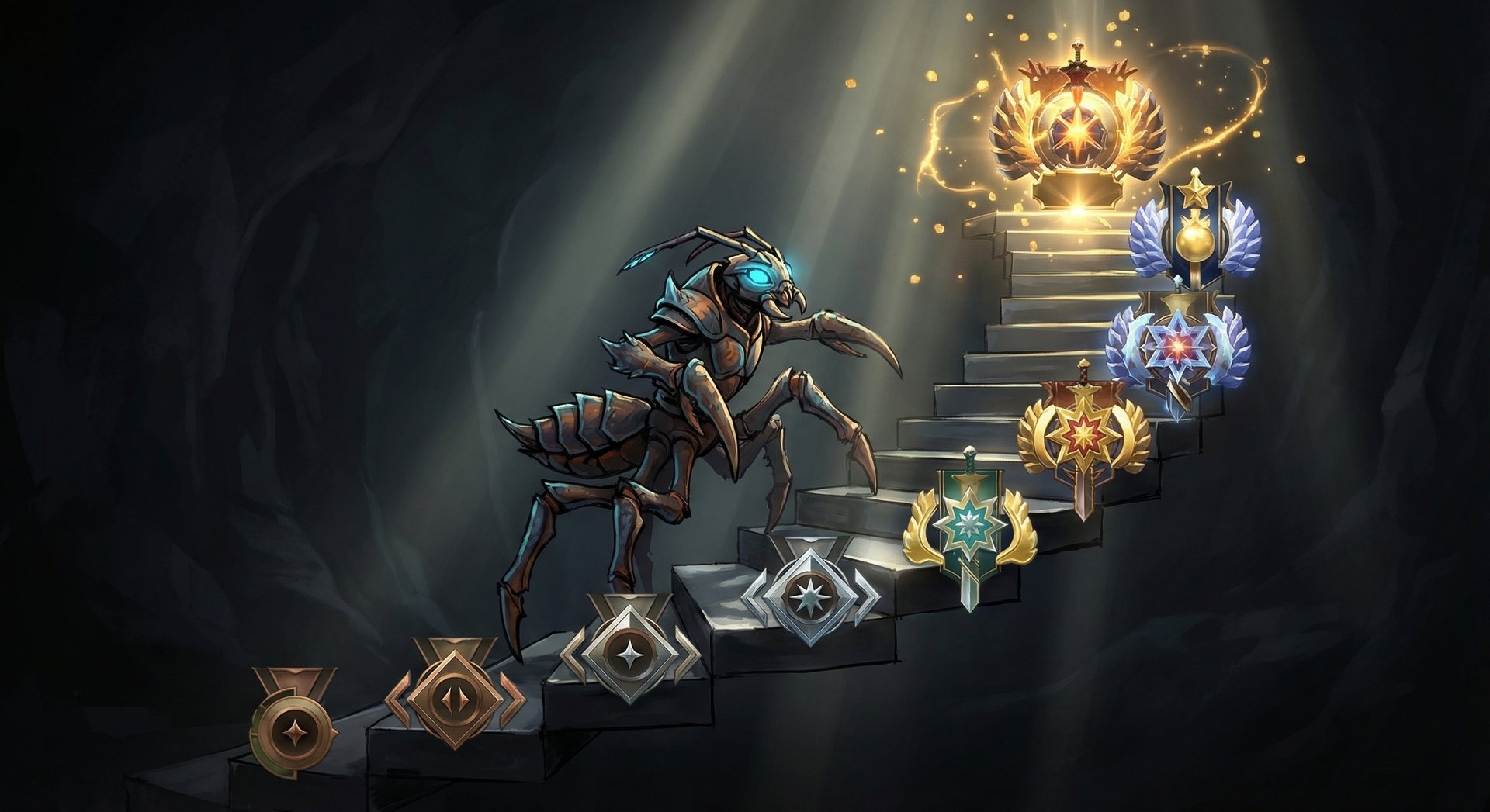 Weaver climbing through Dota 2 rank medals from Herald to Immortal