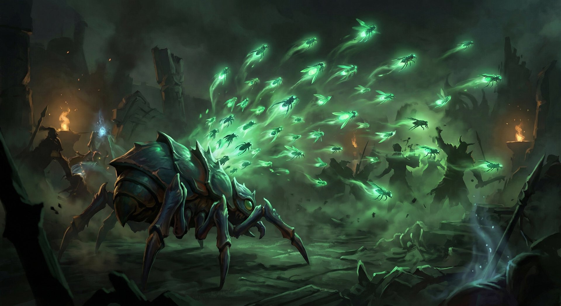 Weaver casting The Swarm ability in Dota 2 with beetles erupting outward