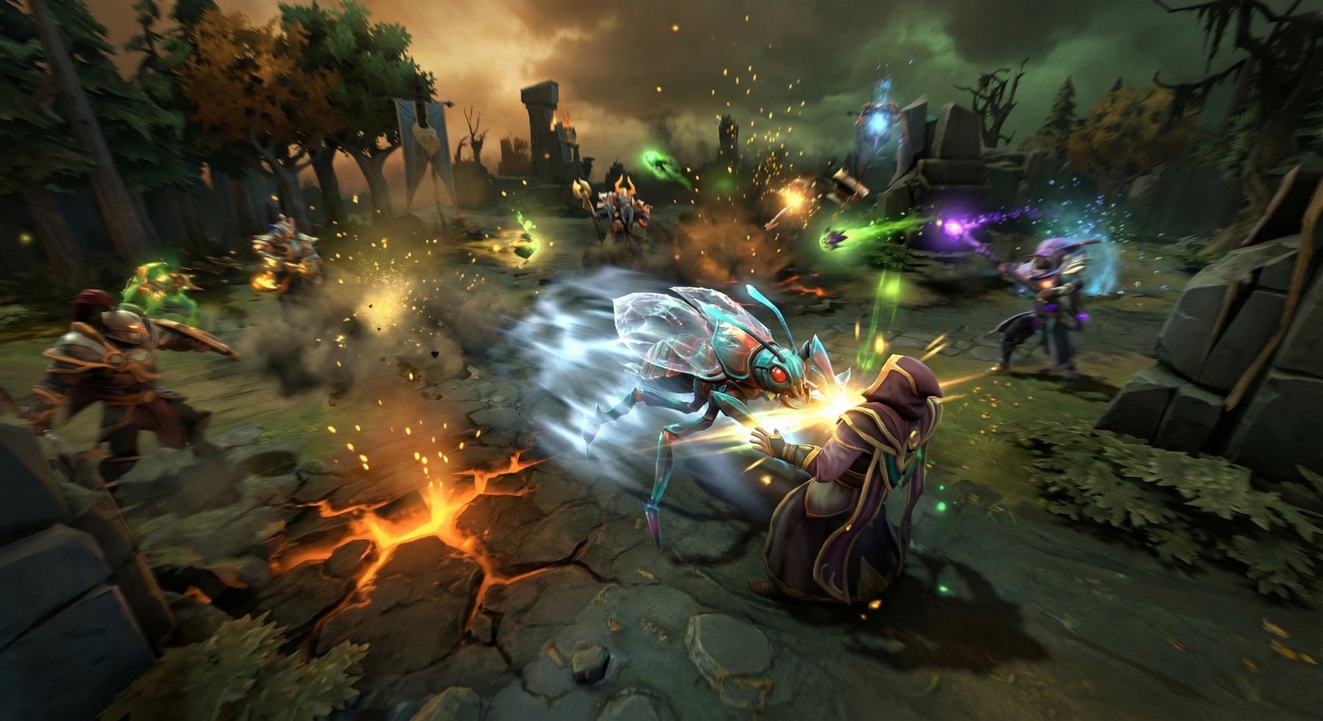 Weaver diving into enemy backline during a Dota 2 team fight