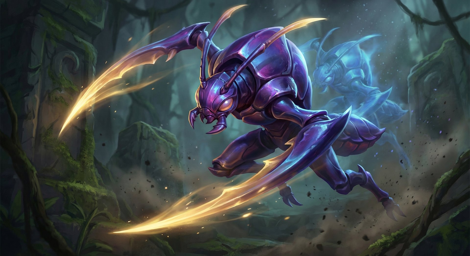 Weaver performing Geminate Attack advanced technique with double projectile trails in Dota 2