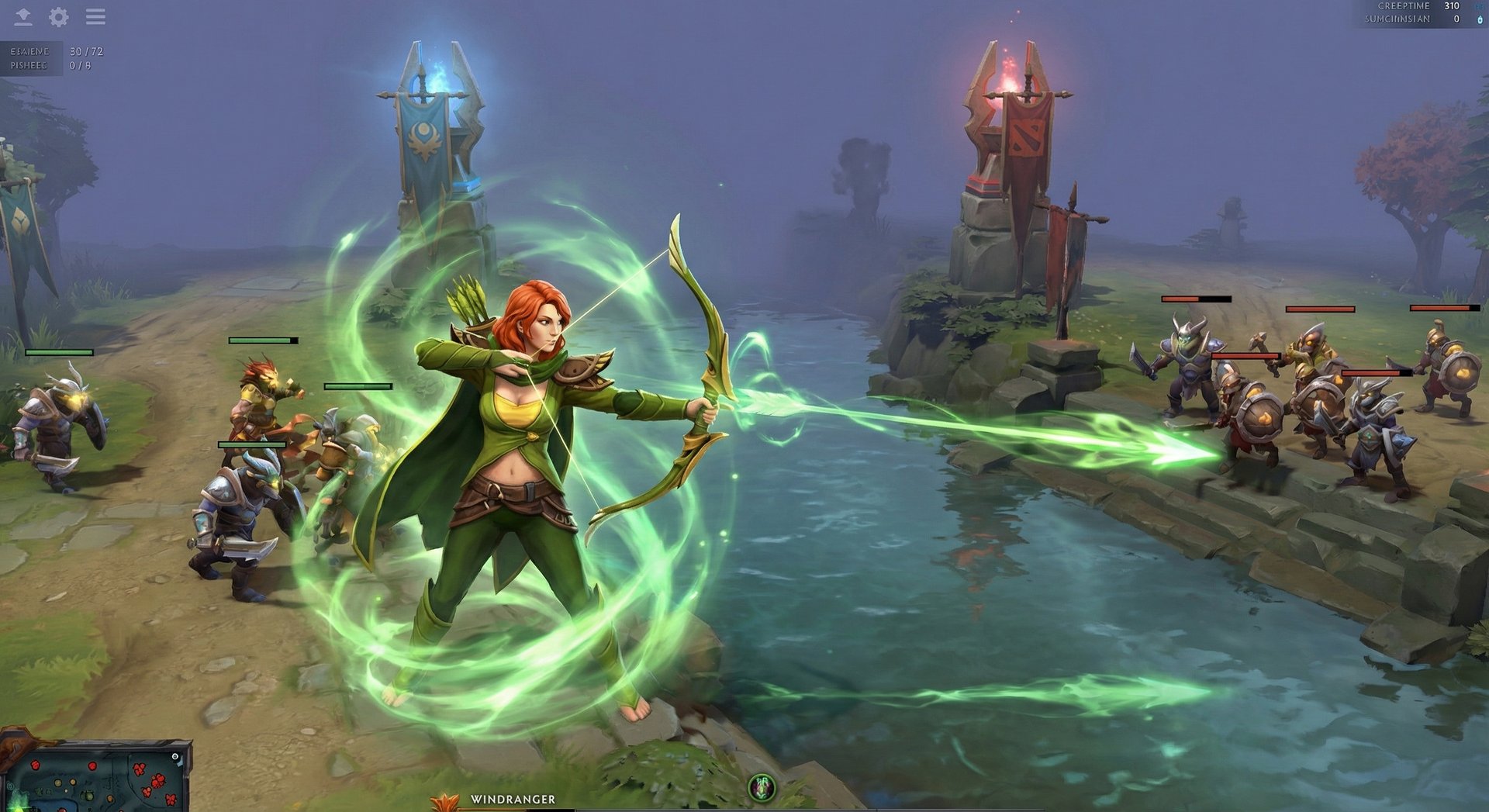 Windranger firing Powershot in mid lane during laning phase in Dota 2