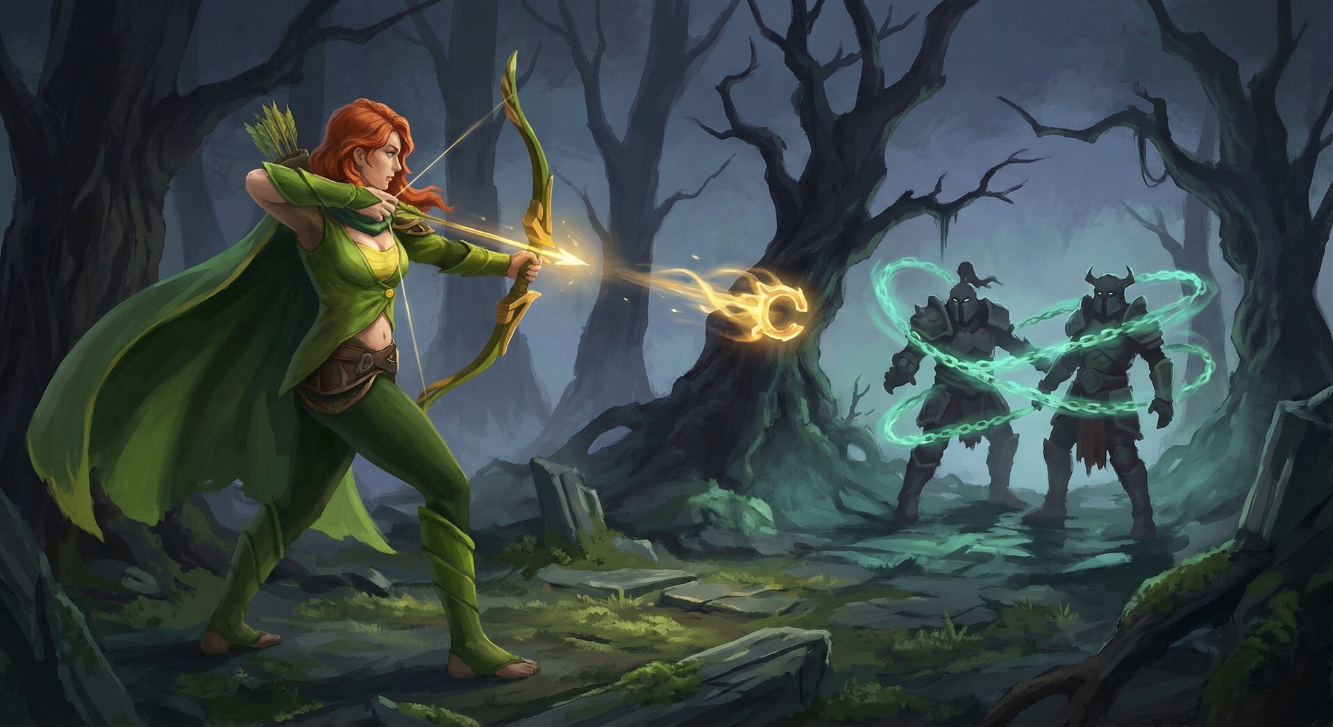 Windranger firing Shackleshot at enemies near trees in Dota 2