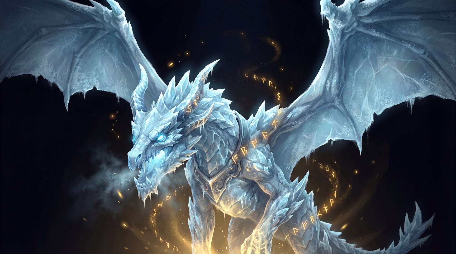 Winter Wyvern cinematic portrait with gold accents on dark background