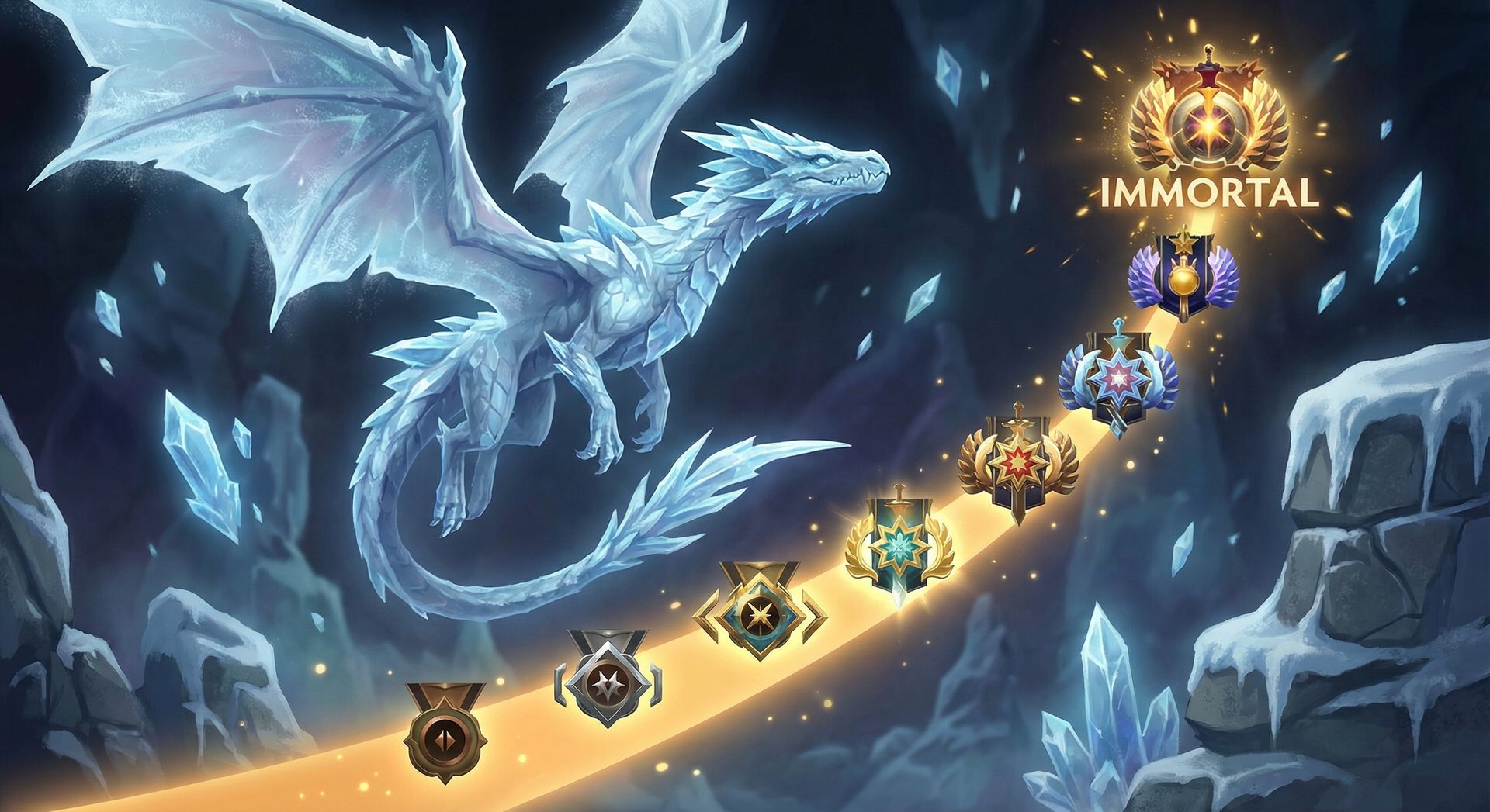 Winter Wyvern ascending through Dota 2 rank tiers from Herald to Immortal