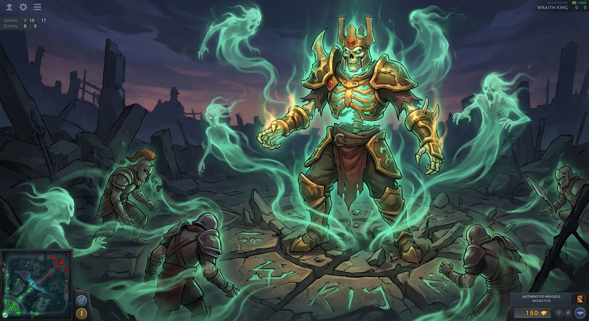 Wraith King using Reincarnation ultimate rising from death with green spectral energy