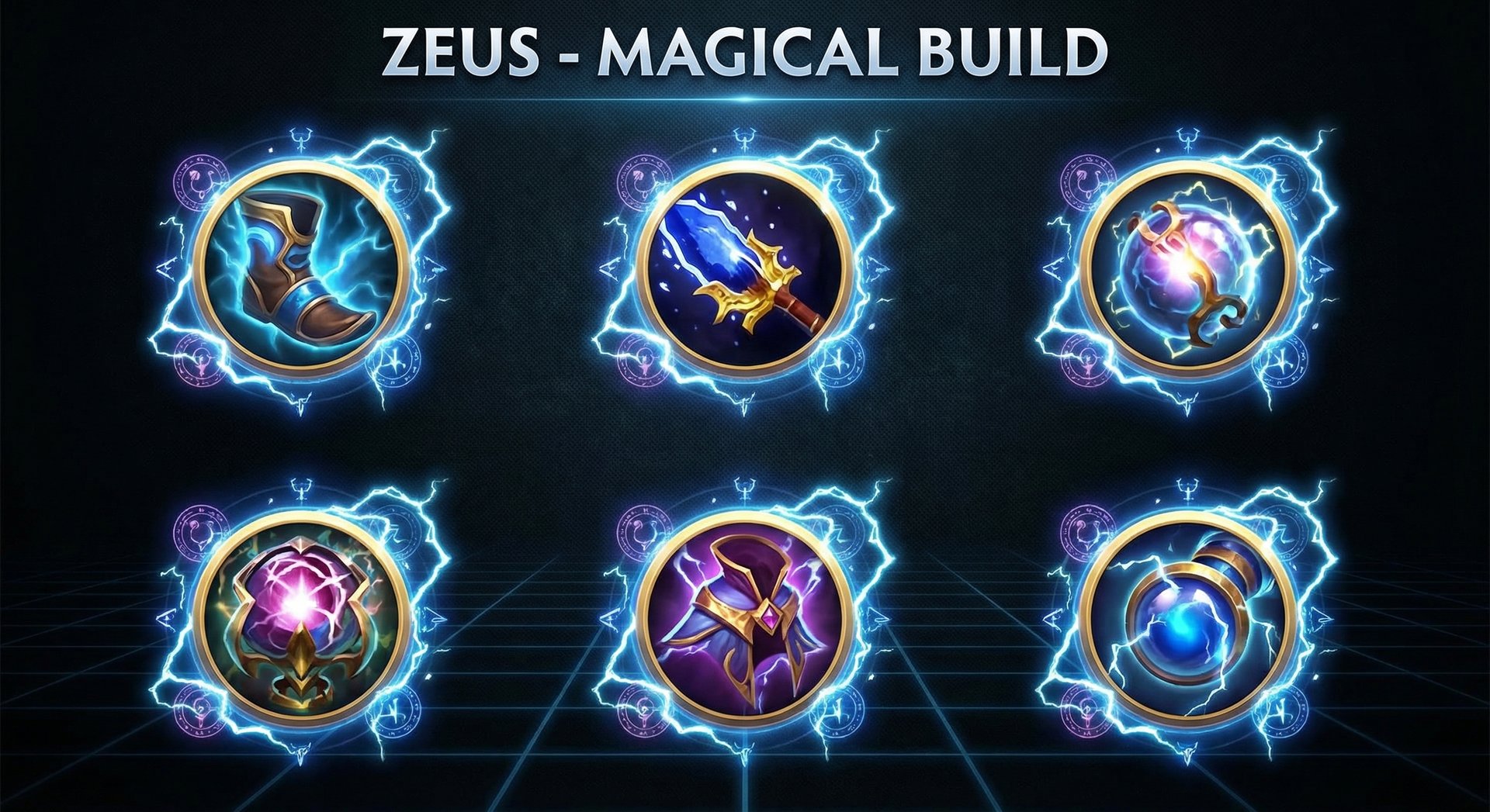 Zeus item build progression showing core items like Aghanim Scepter and Refresher Orb