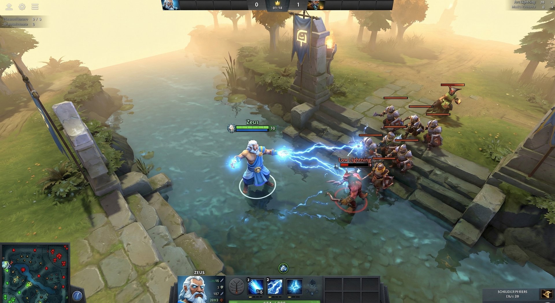 Zeus in mid lane laning phase casting spells on creep wave