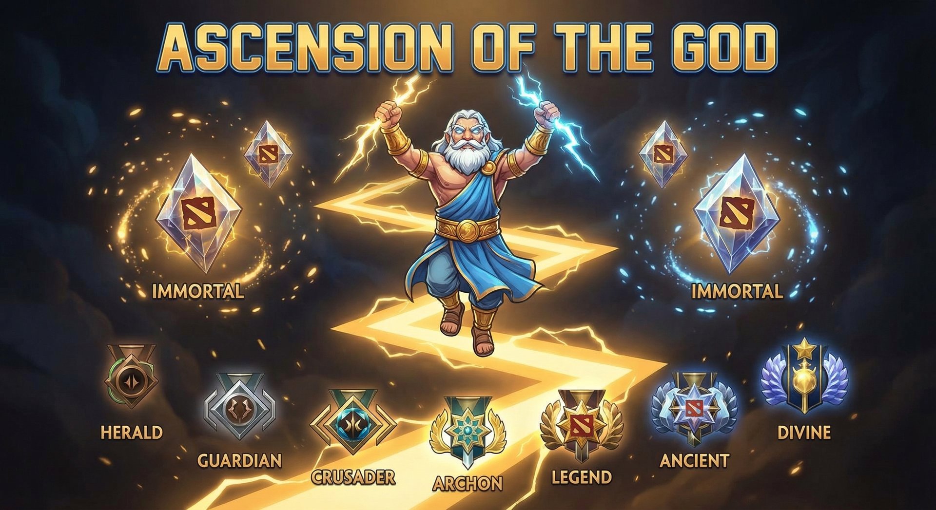 Zeus ascending through Dota 2 rank tiers from Herald to Immortal