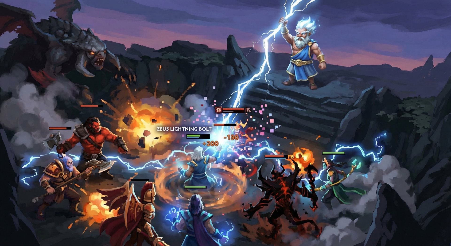 Zeus in a massive team fight casting lightning spells from the back line