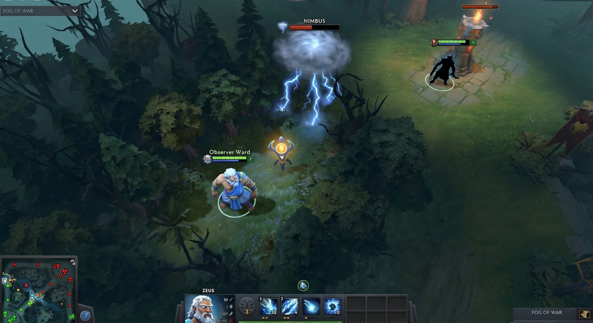 Zeus performing advanced Nimbus cloud technique with strategic map positioning