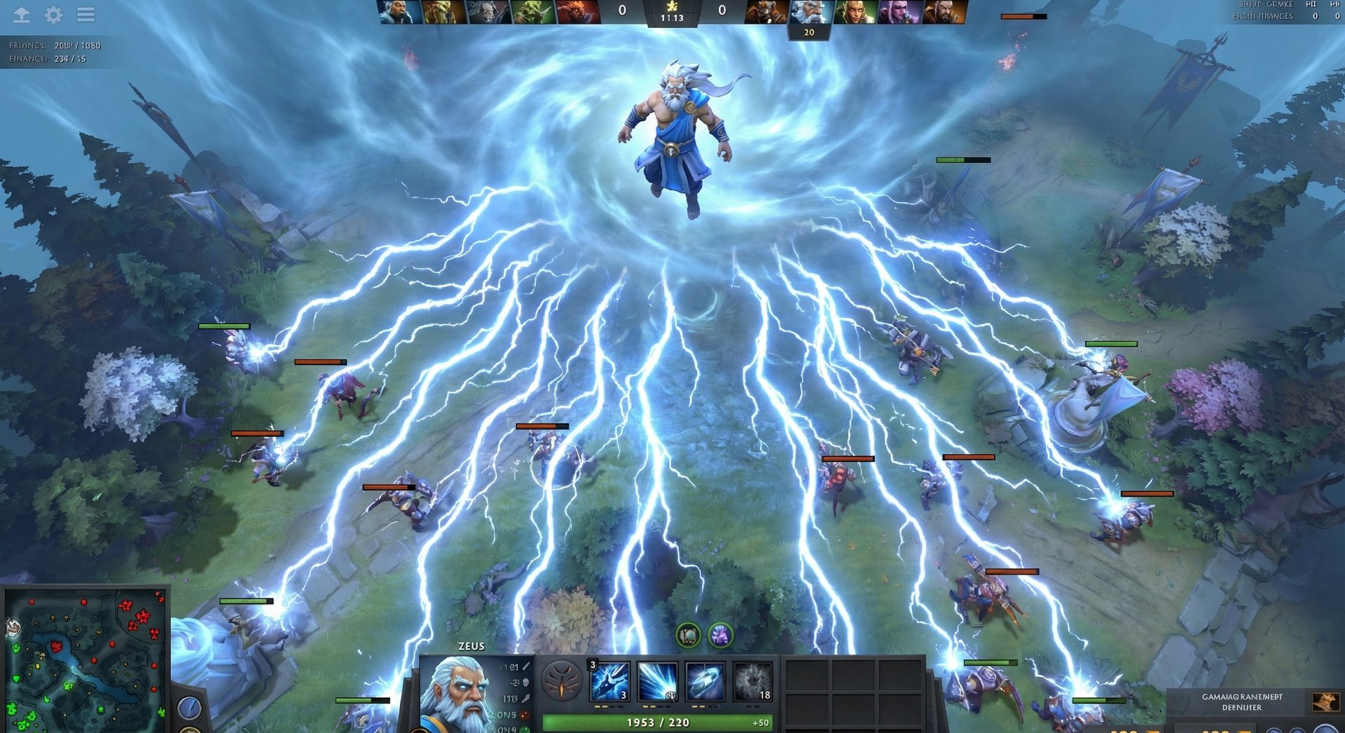 Zeus unleashing Thundergod's Wrath ultimate hitting all enemies on the map