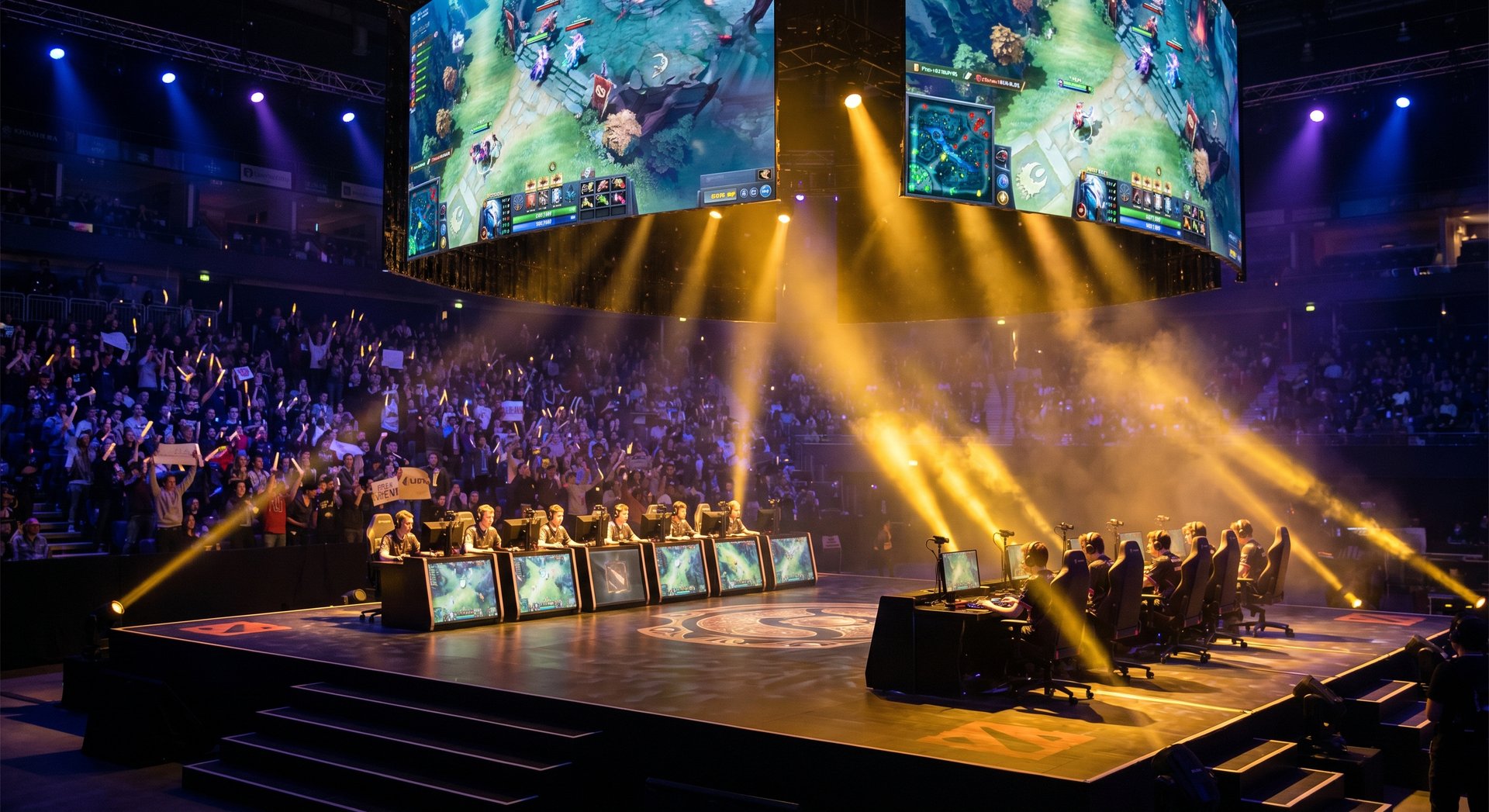 Professional Dota 2 tournament stage showing competitive esports arena atmosphere