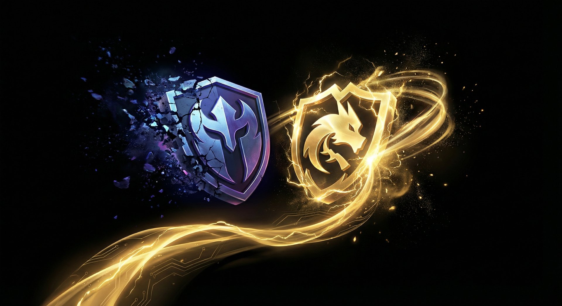 Dota 2 roster swap visualization with team logos clashing in golden light