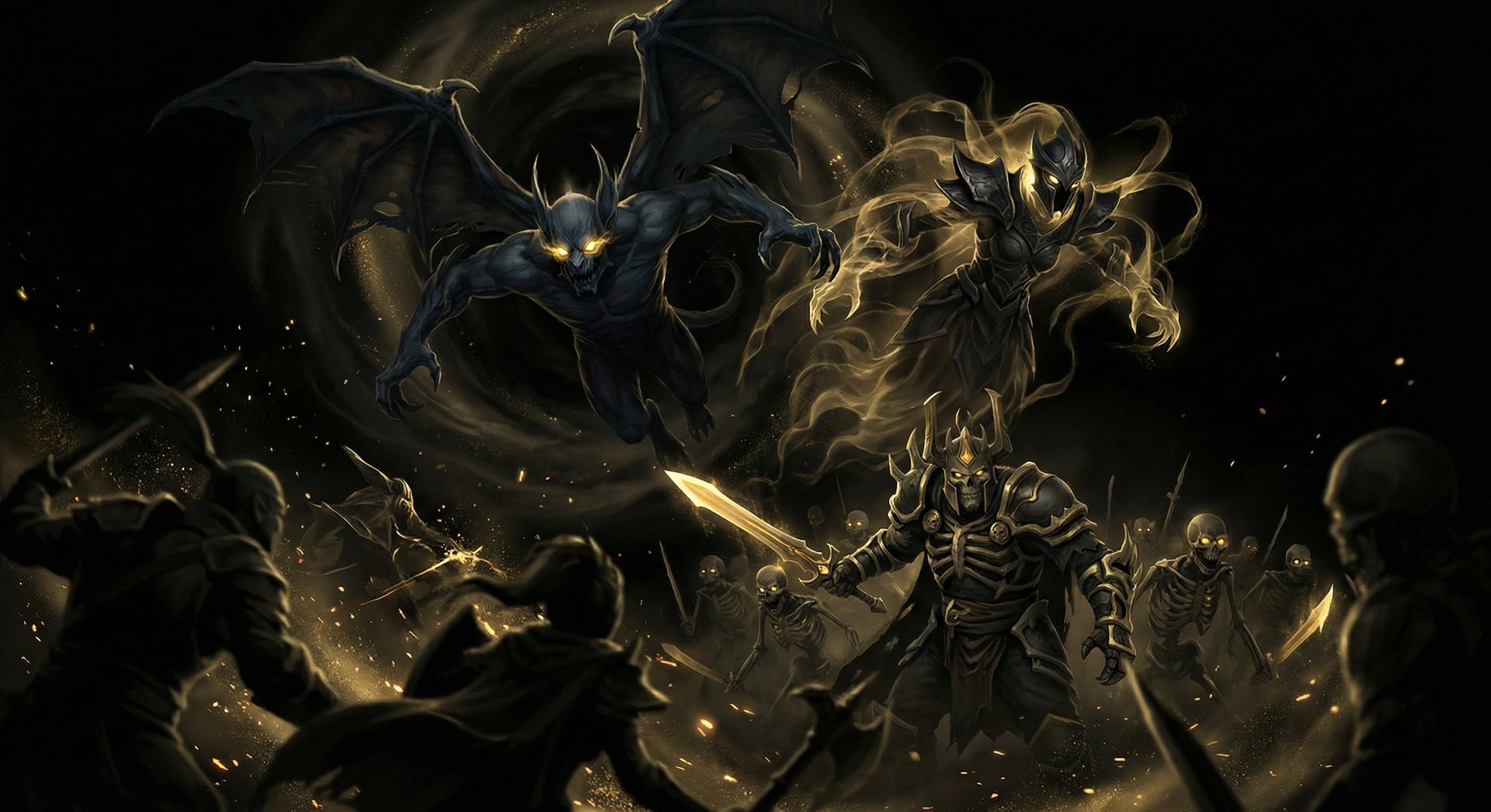 Dota 2 heroes in dramatic team fight with gold energy effects