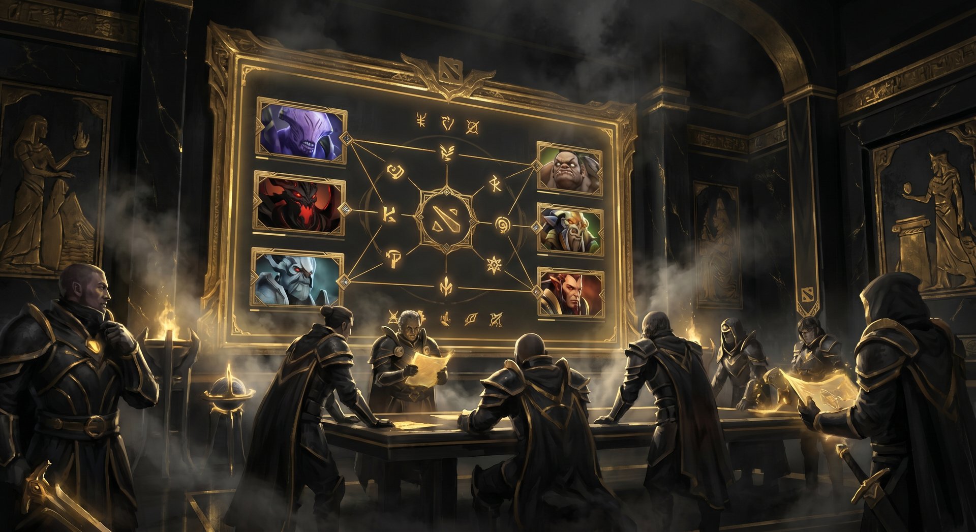 Dota 2 draft room with coaches reviewing picks