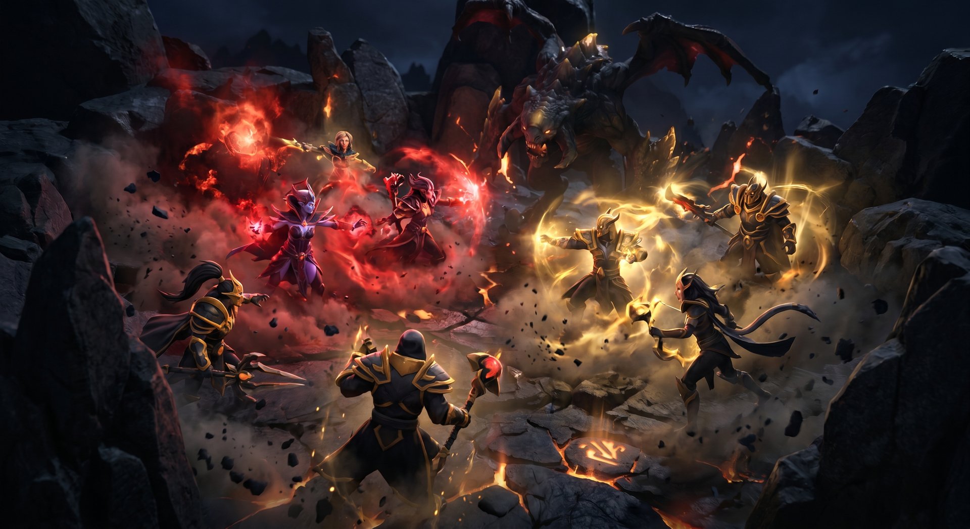 DreamLeague grand final style Roshan fight tactical scene