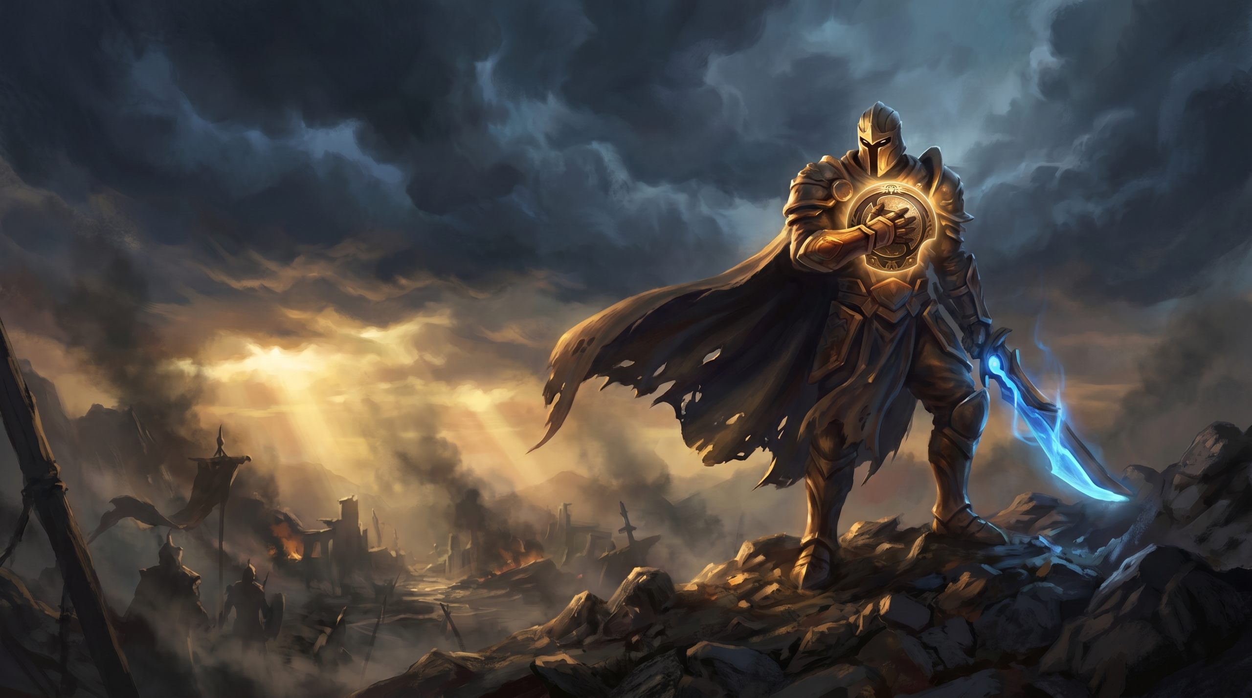 Dota 2 hero standing triumphant on a hill overlooking a battlefield after a mass