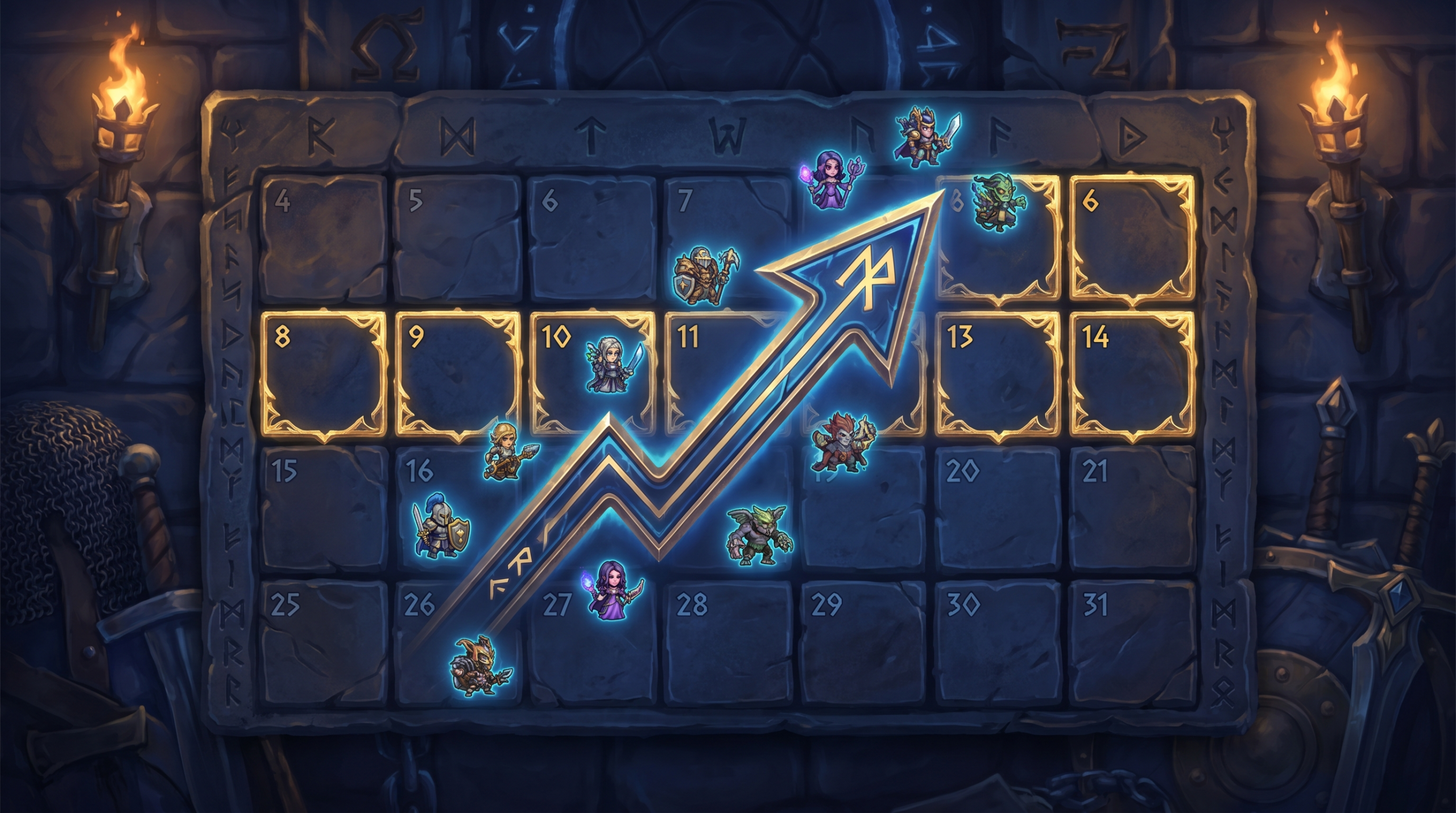 A calendar with days 4-14 highlighted in gold, with a glowing MMR upward arrow and small hero icons scattered across it, dark gaming aesthetic.