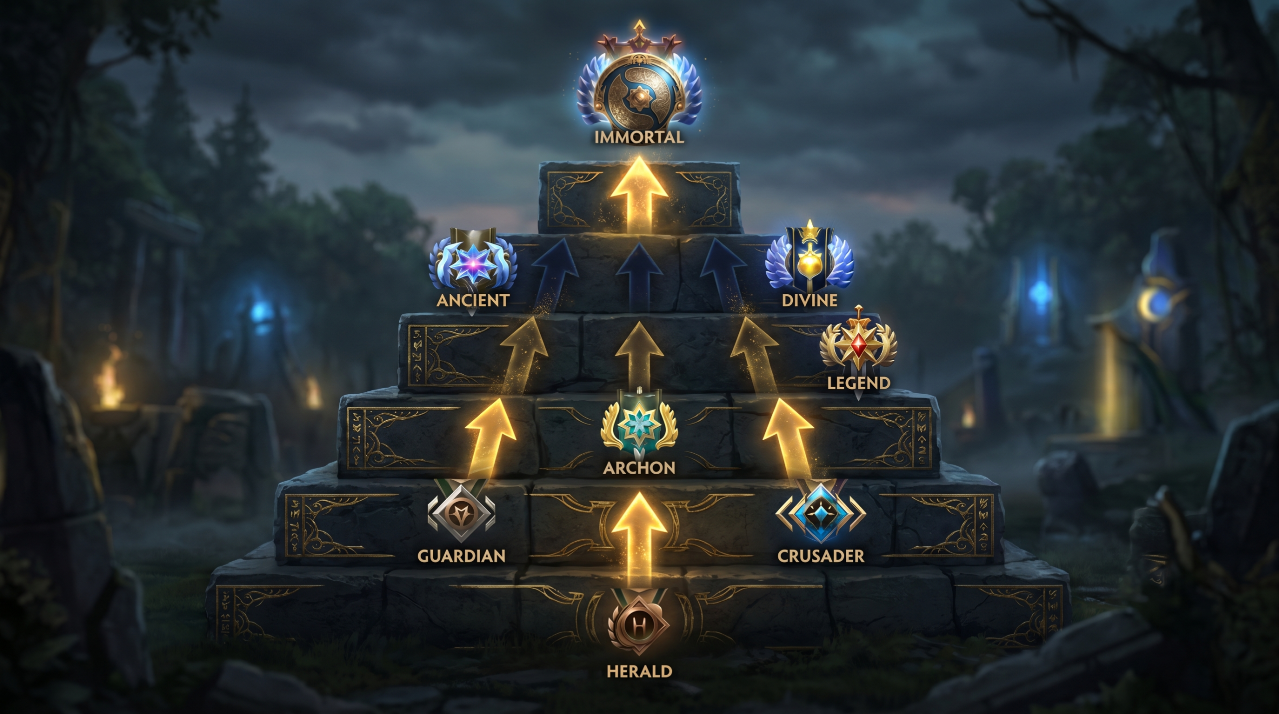 A bracket pyramid showing Herald to Immortal Dota 2 rank tiers with glowing arrows showing MMR climb efficiency at each level. Gold accents on black b