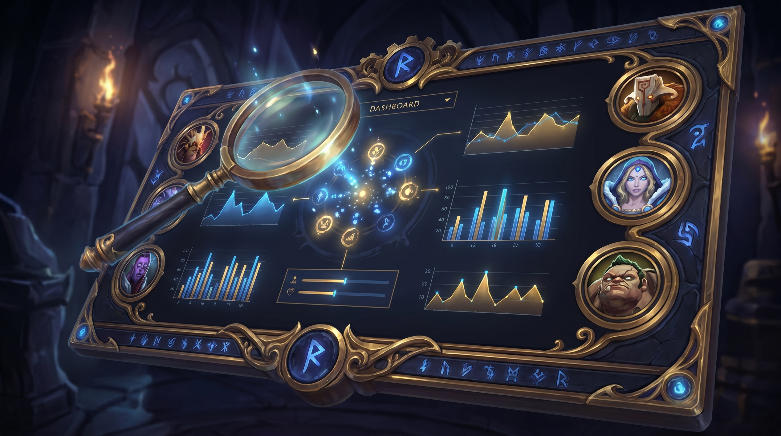 A glowing dashboard interface showing graphs and stats with a magnifying glass hovering over key metrics, Dota 2 hero portraits visible, dark gaming a