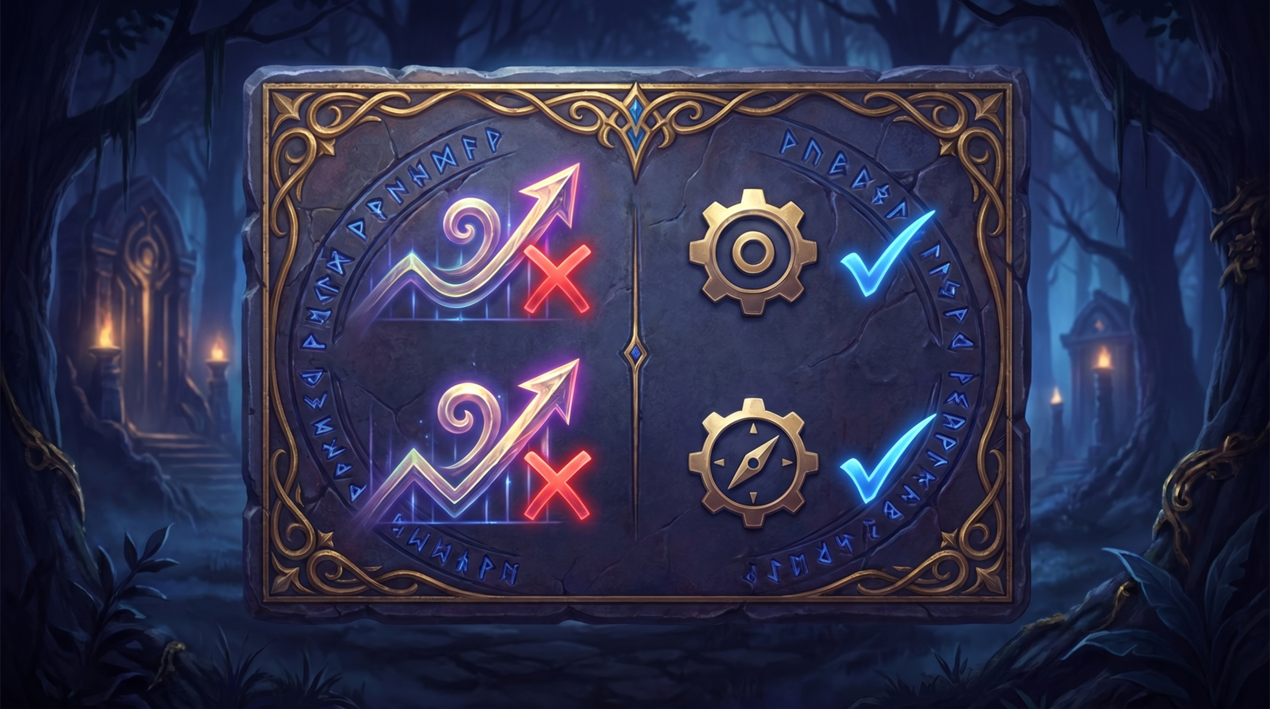 A warning sign with seductive but misleading graph icons crossed out in red, with checkmarks next to clean diagnostic metrics. Dota 2 aesthetic, dark 