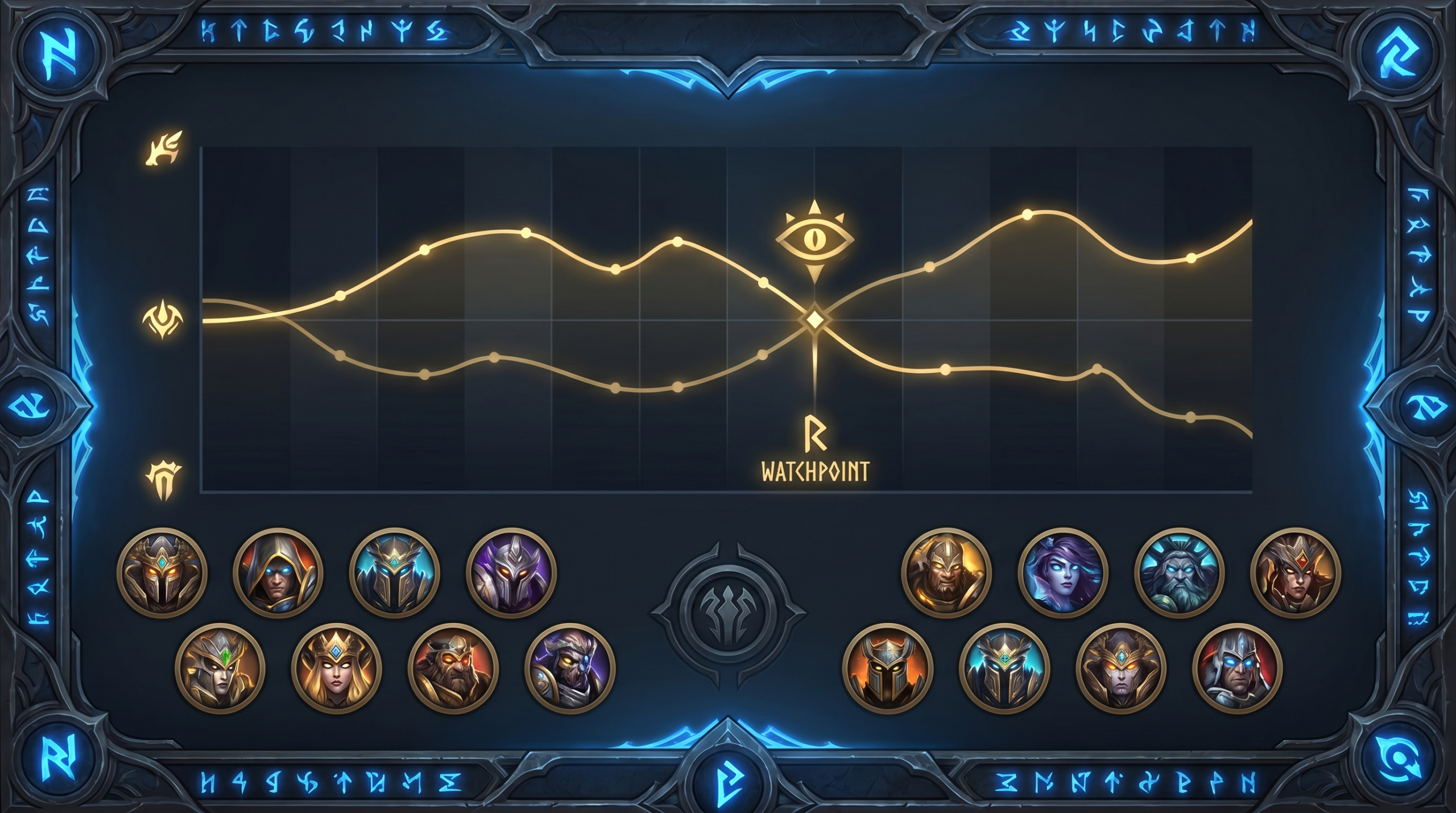 A digital match review interface with timing graph showing gold differential curves, hero portraits and a watchpoint marker at the crossover moment. D