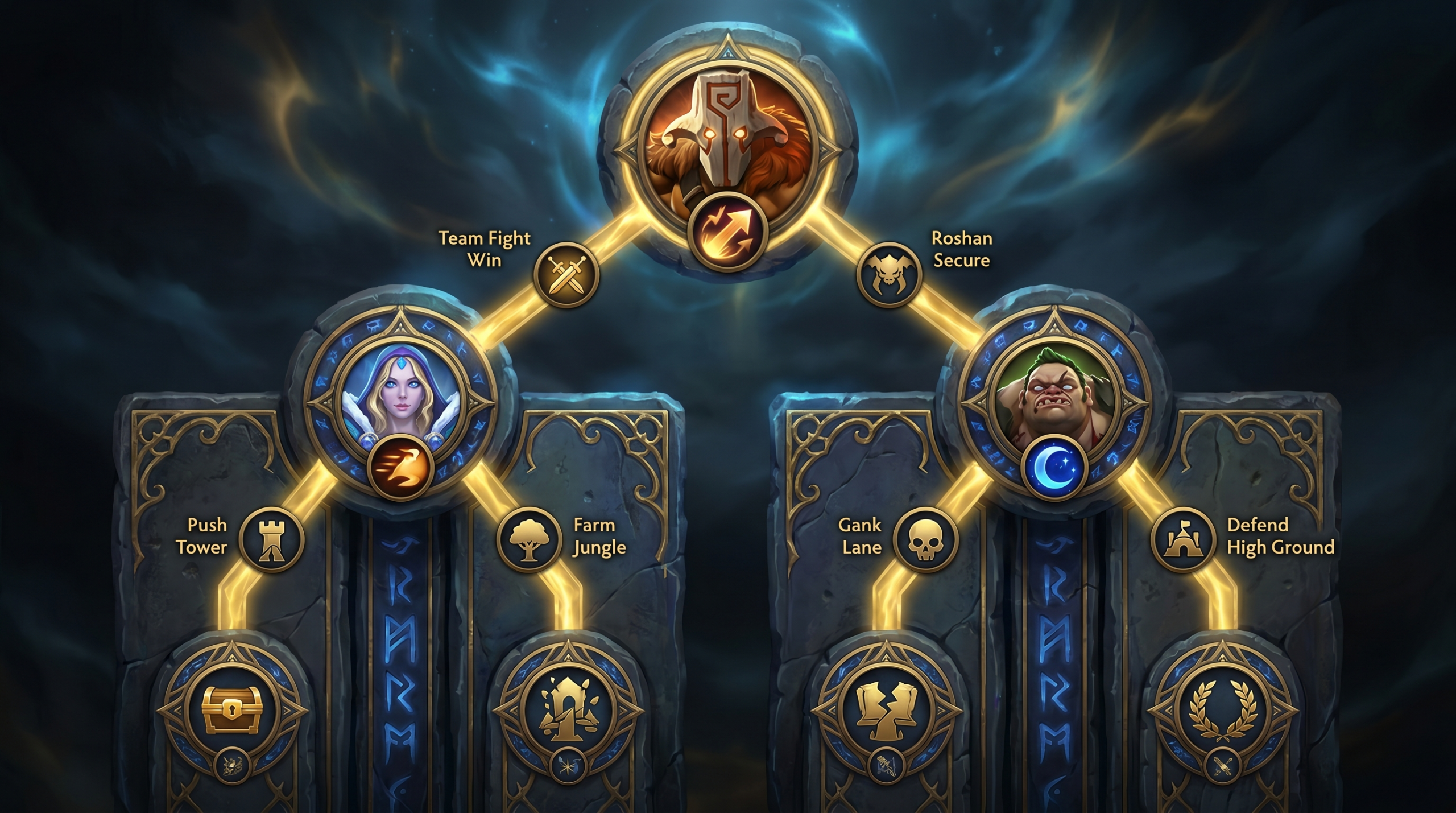 A Dota 2 mid lane trade combat snapshot with two heroes facing off, ability cast effects, last-hit creep icons and health bar indicators visible. Gold