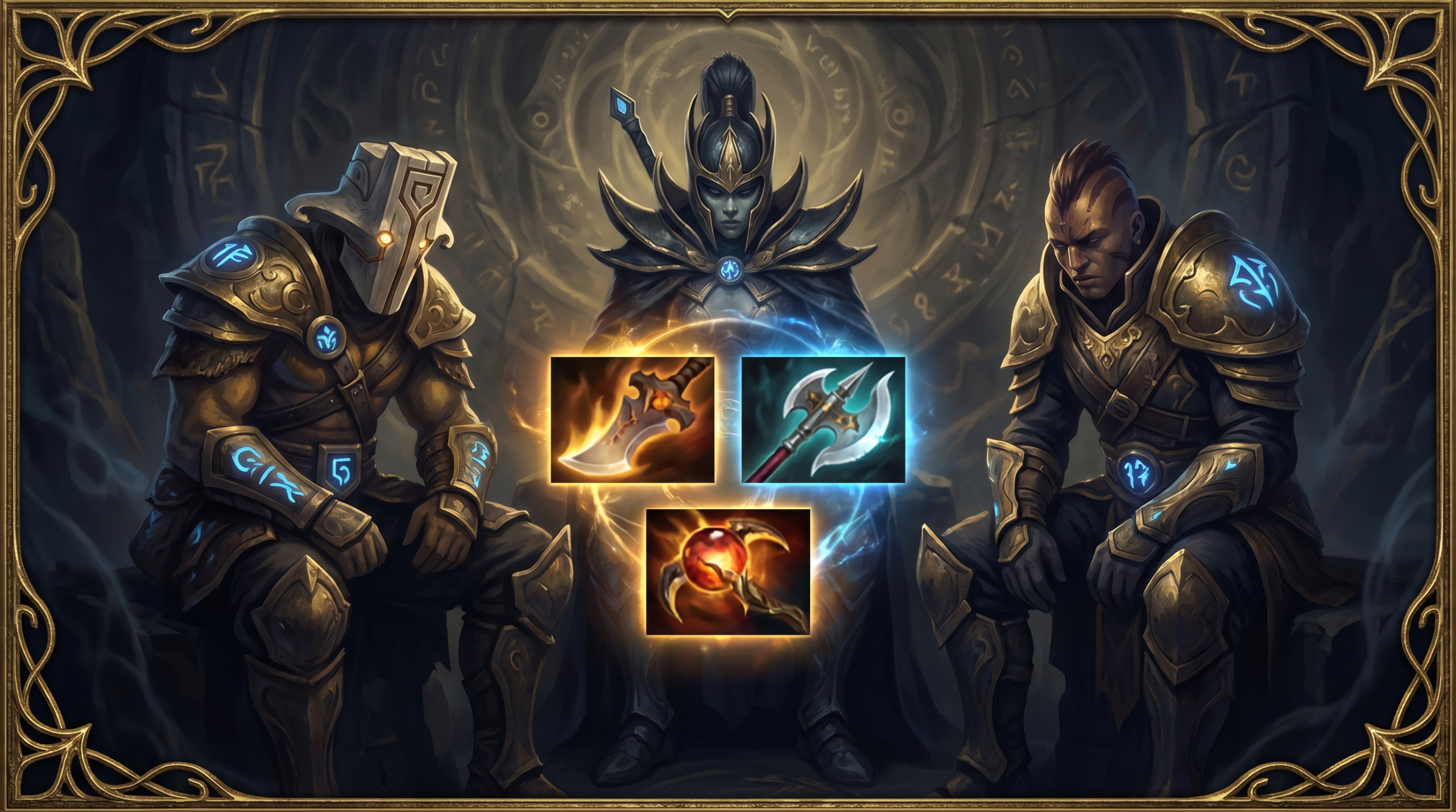 Three Dota 2 carry hero portraits arranged around glowing item icons showing their pivoted recovery builds. Gold accents, dark cinematic style.