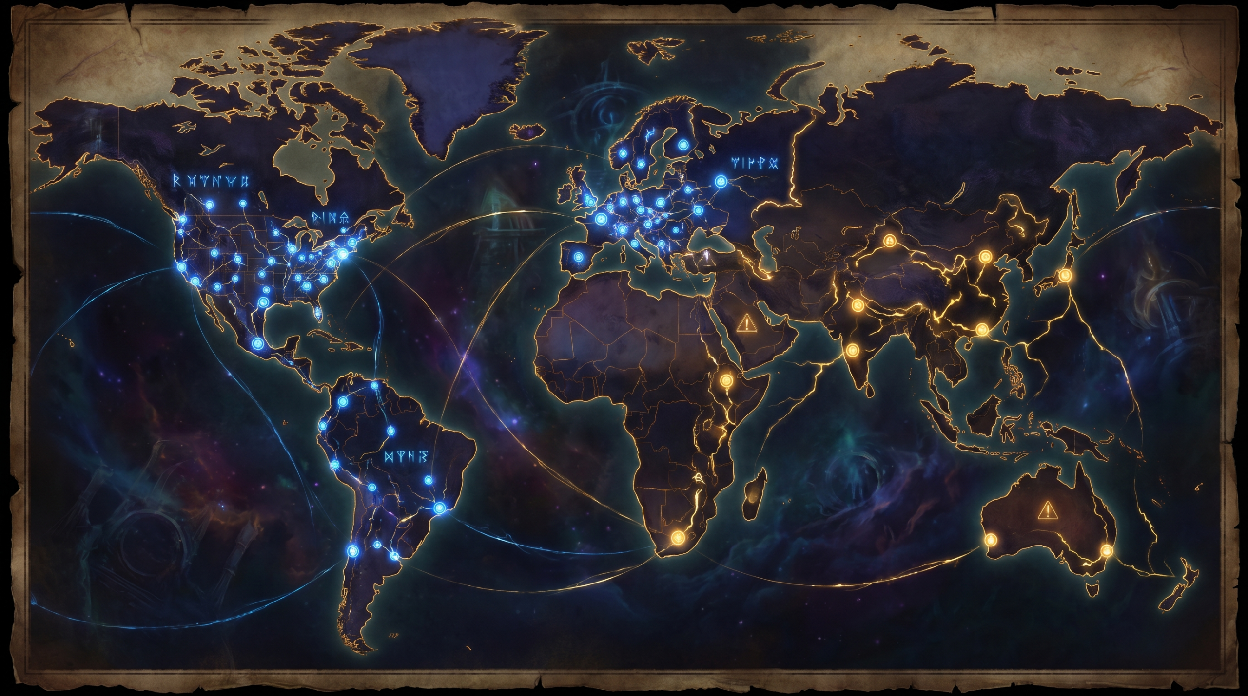 A world map with login pattern dots showing normal vs suspicious geographic clustering, gold trace lines connecting account logins. Dark cinematic bac